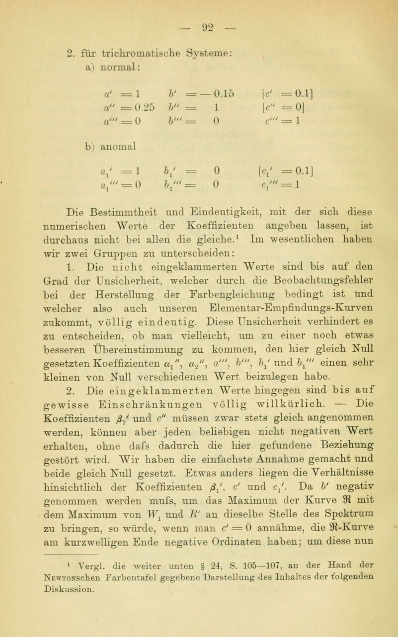 2. für trichromatische Systeme: a) normal: a' =1 h' = — 0.15 \c' =0.1] a =0.25 }> = 1 [c =0] a' = 0 h' = 0 c' = 1 b) anomal ö/ =1 &/ = 0 [e,' =0.1] a/'' = 0 />/= 0 c/ = l Die Bestimmtheit und Eindeutigkeit, mit der sich diese numerischen Werte der Koeffizienten angeben lassen, ist durchaus nicht bei allen die gleiche.^ Im wesentlichen haben wir zwei Gruppen zu unterscheiden: 1. Die nicht eingeklammerten Werte sind bis auf den Grad der Unsicherheit, welcher durch die Beobachtungsfehler bei der Herstellung der Farbengleichung bedingt ist und welcher also auch unseren Elementar-Empfindungs-Kurven zukommt, völlig eindeutig. Diese Unsicherheit verhindert es zu entscheiden, ob man vielleicht, um zu einer noch etwas besseren Übereinstimmung zu kommen, den hier gleich Null gesetzten Koeffizienten «/', a.^^ a\ ?/, &/und &/ einen sehr kleinen von Null verschiedenen Wert beizulegen habe. 2. Die eingeklammerten Werte hingegen sind bis auf gewisse Einschränkungen völlig willkürlich. — Die Koeffizienten ß.^ und c müssen zwar stets gleich angenommen werden, können aber jeden beliebigen nicht negativen Wert erhalten, ohne dafs dadurch die hier gefundene Beziehung gestört wird. Wir haben die einfachste Annahme gemacht und beide gleich Null gesetzt. Etwas anders liegen die Verhältnisse hinsichtlich der Koeffizienten /S/, c' und c/. Da h' negativ genommen werden mufs, um das Maximum der Kurve 9fl mit dem Maximimi von W^ und R' an dieselbe Stelle des Spektrum zu bringen, so würde, wenn man c' = 0 annähme, die 9ft-Kurve am kurzwelligen Ende negative Ordinaten haben; um diese nun 1 Yergl. die weiter unten § 24. S. 105—107, au der Hand der NEWTONSchen Farbentafel gegebene Darstellung des Inhaltes der folgenden Diskussion.