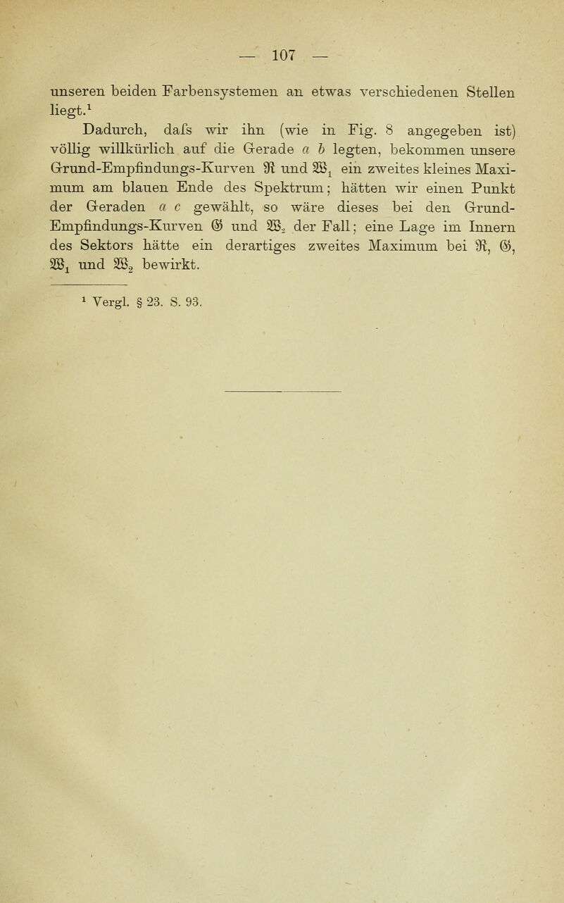 unseren beiden Farbensystemen an etwas verscMedenen Stellen liegt. ^ Dadurcb, dafs wir ihn (wie in Fig. 8 angegeben ist) völlig willkürlich auf die Gerade a h legten, bekommen unsere Grund-Empfindungs-Kurven 01 und SB^ ein zweites kleines Maxi- mum am blauen Ende des Spektrum; hätten wir einen Punkt der Geraden a c gewählt, so wäre dieses bei den Grund- Empfindungs-Kurven @ und 3S. der Fall; eine Lage im Innern des Sektors hätte ein derartiges zweites Maximum bei 9^, @, 2Bi und 2Ö2 bewirkt.