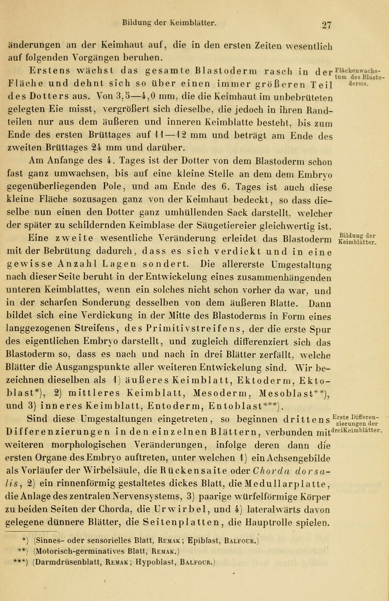 änderungen an der Keimhaut auf, die in den ersten Zeiten wesentlich auf folgenden Vorgängen beruhen. Erstens wächst das gesamte Blastoderm rasch in derFlächenwachs- t-.ii • i • . n tum cles ^asto- Fläche und dehnt sich so über einen immer größeren Teil derms- des Dotters aus. Von 3,5—4,0 mm, die die Keimhaut im unbebrüteten gelegten Eie misst, vergrößert sich dieselbe, die jedoch in ihren Rand- teilen nur aus dem äußeren und inneren Keimblatte besteht, bis zum Ende des ersten Brüttages auf H—12 mm und beträgt am Ende des zweiten Brüttages 24 mm und darüber. Am Anfange des 4. Tages ist der Dotter von dem Blastoderm schon fast ganz umwachsen, bis auf eine kleine Stelle an dem dem Embryo gegenüberliegenden Pole, und am Ende des 6. Tages ist auch diese kleine Fläche sozusagen ganz von der Keimhaut bedeckt, so dass die- selbe nun einen den Dotter ganz umhüllenden Sack darstellt, welcher der später zu schildernden Keimblase der Säugetiereier gleichwertig ist. Eine zweite wesentliche Veränderung erleidet das Blastoderm Sw!t?e£ mit der Bebrütung dadurch, dass es sich verdickt und in eine gewisse Anzahl Lagen sondert. Die allererste Umgestaltung nach dieser Seite beruht in der Entwicklung eines zusammenhängenden unteren Keimblattes, wenn ein solches nicht schon vorher da war, und in der scharfen Sonderung desselben von dem äußeren Blatte. Dann bildet sich eine Verdickung in der Mitte des Blastoderms in Form eines langgezogenen Streifens, des Primitivstreifens, der die erste Spur des eigentlichen Embryo darstellt, und zugleich differenziert sich das Blastoderm so, dass es nach und nach in drei Blätter zerfällt, welche Blätter die Ausgangspunkte aller weiteren Entwicklung sind. Wir be- zeichnen dieselben als 1) äußeres Keimblatt, Ektoderm, Ekto- blast*), 2) mittleres Keimblatt, Mesoderm, Mesobla st**), und 3) inneres Keimblatt, Entoderm, Entoblast***). Sind diese Umgestaltungen eingetreten, so beginnen d r i 11 e n s Erste Differ!n Differenzierungen in den einzelnen Blättern, verbunden mit,dreiKeimbiätter. weiteren morphologischen Veränderungen, infolge deren dann die ersten Organe des Embryo auftreten, unter welchen 1) ein Achsengebilde als Vorläufer der Wirbelsäule, die Rückensaite oderC/?orf/a dorsa- lis, 2) ein rinnenförmig gestaltetes dickes Blatt, die Medullarplatte, die Anlage des zentralen Nervensystems, 3) paarige würfelförmige Körper zu beiden Seiten der Chorda, die Urwirbel, und 4) lateralwärts davon gelegene dünnere Blätter, die Seitenplatten, die Hauptrolle spielen. *) (Sinnes- oder sensorielles Blatt, Remak ; Epiblast, Balfour.) **) (Motorisch-germinatives Blatt, Remak.) ***) (Darmdrüsenblatt, Remak; Hypoblast, Balfour.)