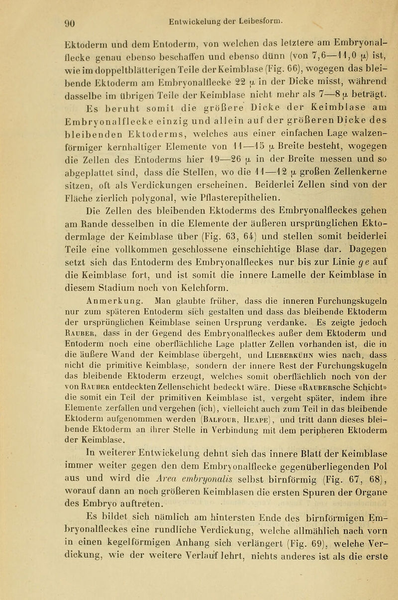 Ektoderm und dem Entoderm, von welchen das letztere am Embryonal- flecke genau ebenso beschaffen und ebenso dünn (von 7,6—11,0 u.) ist, wie im doppeltblälterigen Teile der Keimblase (Fig. 66), wogegen das blei- bende Ektoderm am Embryonalflecke 22 fi in der Dicke misst, während dasselbe im übrigen Teile der Keimblase nicht mehr als 7—8 p, beträgt. Es beruht somit die größere Dicke der Keimblase am Embryonalflecke einzig und allein auf der größeren Dicke des bleibenden Ektoderms, welches aus einer einfachen Lage walzen- förmiger kernhaltiger Elemente von 11—15 u. Breite besteht, wogegen die Zellen des Entoderms hier 19—26 \x in der Breite messen und so abgeplattet sind, dass die Stellen, wo die 11—12 |x großen Zellenkerne sitzen, oft als Verdickungen erscheinen. Beiderlei Zellen sind von der Fläche zierlich polygonal, wie Pflasterepithelien. Die Zellen des bleibenden Ektoderms des Embryonalfleckes gehen am Rande desselben in die Elemente der äußeren ursprünglichen Ekto- dermlage der Keimblase über (Fig. 63, 64) und stellen somit beiderlei Teile eine vollkommen geschlossene einschichtige Blase dar. Dagegen setzt sich das Entoderm des Embryonalfleckes nur bis zur Linie ge auf die Keimblase fort, und ist somit die innere Lamelle der Keimblase in diesem Stadium noch von Kelchform. Anmerkung. Man glaubte früher, dass die inneren Furchungskugeln nur zum späteren Entoderm sich gestalten und dass das bleibende Ektoderm der ursprünglichen Keimblase seinen Ursprung verdanke. Es zeigte jedoch Rauber, dass in der Gegend des Embryonalfleckes außer dem Ektoderm und Entoderm noch eine oberflächliche Lage platter Zellen vorhanden ist, die in die äußere Wand der Keimblase übergehl, und Lieberkühn wies nach, dass nicht die primitive Keimblas.e, sondern der innere Rest der Furchungskugeln das bleibende Ektoderm erzeugt, welches somit oberflächlich noch von der von Rauber entdeckten Zellenschicht bedeckt wäre. Diese «RAUBERSche Schicht» die somit ein Teil der primitiven Keimblase ist, vergeht später, indem ihre Elemente zerfallen und vergehen (ich), vielleicht auch zum Teil in das bleibende Ektoderm aufgenommen werden (Balfour, Heape) , und tritt dann dieses blei- bende Ektoderm an ihrer Stelle in Verbindung mit dem peripheren Ektoderm der Keimblase. In weiterer Entwickelung dehnt sich das innere Blatt der Keimblase immer weiter gegen den dem Embryonalflecke gegenüberliegenden Pol aus und wird die Area embryonalis selbst birnförmig (Fig. 67, 68), worauf dann an noch größeren Keimblasen die ersten Spuren der Organe des Embryo auftreten. Es bildet sich nämlich am hintersten Ende des birnförmigen Em- bryonalfleckes eine rundliche Verdickung, welche allmählich nach vorn in einen kegelförmigen Anhang sich verlängert (Fig. 69), welche Ver- dickung, wie der weitere Verlauf lehrt, nichts anderes ist als die erste