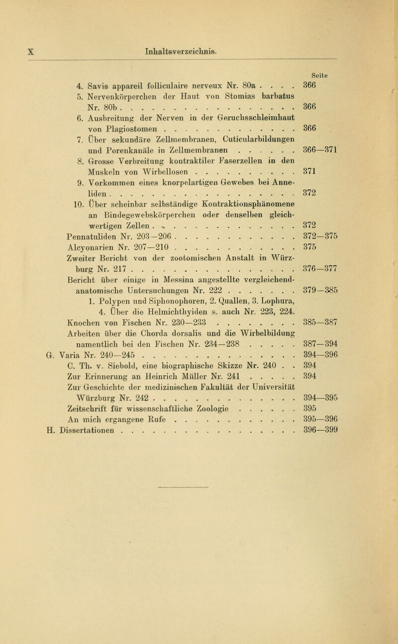 Seite 4. Savis appareil folliculaire nerveux Nr. 80a .... 366 5. Nervenkörperchen der Haut von Stomias barbatus Nr. 80b 366 6. Ausbreitung der Nerven in der Geruchsschleimhaut von Plagiostomen 366 7. Über sekundäre Zellmembranen, Cuticularbildungen und Porenkanäle in Zellmembranen 366—371 8. Grosse Verbreitung kontraktiler Faserzellen in den Muskeln von Wirbellosen 371 9. Vorkommen eines knorpelartigen Gewebes bei Anne- liden 372 10. Über scheinbar selbständige Koutraktionsphänomene an Bindegewebskörperchen oder denselben gleich- wertigen Zellen 372 Pennatididen Nr. 203-206 372-375 Alcyouarien Nr. 207—210 375 Zweiter Bericht von der zootomischen Anstalt in Wiirz- burg Nr. 217 376-377 Bericht über einige in Messina angestellte vergleichend- anatomische Untersuchungen Nr. 222 379—385 1. Polypen und Siphonophoren, 2. Quallen, 3. Lophura, 4. Über die Helmichthyiden s. auch Nr. 223, 224. Knochen von Fischen Nr. 230-233 385—3S7 Arbeiten über die Chorda dorsalis und die Wirbelbildung namentlich bei den Fischen Nr. 234-238 387-394 G. Varia Nr. 240-245 394-396 C. Th. V. (Siebold, eine biographische Skizze Nr. 240 . . 394 Zur Erinnerung an Heinrich Müller Nr. 241 394 Zur Geschichte der medizinischen Fakultät der Universität Würzburg Nr. 242 394—395 Zeitschrift für wissenschaftliche Zoologie 395 An mich ergangene Rufe 395—396 H. Dissertationen 396—399