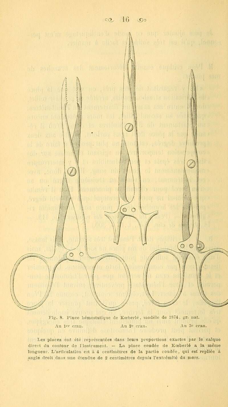 Fig. 8. Pince hémostatique de Kœberlé , modèle de 1874. gr. nat. Au 1er cran. Au 2e cran. Au 3e cran. Les pinces ont été représentées dans leurs proportions exactes par le calque direct du contour de l'instrument. — La pince coudée de Kœberlé a la même longueur. L'articulation est à 4 centimètres de la partie coudée, qui est repliée à angle droit dans une étendue de 2 centimètres depuis l'extrémité du mors.