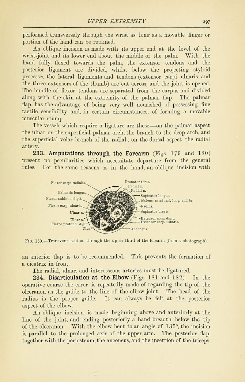 performed transversely through the wrist as long as a movable finger or portion of the hand can be retained. An oblique incision is made with its upper end at the level of the wrist-joint and its lower end about the middle of the palm. With the hand fully flexed towards the palm, the extensor tendons and the posterior ligament are divided, whilst below the projecting styloid processes the lateral ligaments and tendons (extensor carpi ulnaris and the three extensors of the thumb) are cut across, and the joint is opened. The bundle of flexor tendons are separated from the carpus and divided along with the skin at the extremity of the palmar flap. The palmar flap has the advantage of being very well nourished, of possessing fine tactile sensibility, and, in certain circumstances, of forming a movable muscular stump. The vessels which require a ligature are these—on the palmar aspect the ulnar or the superficial palmar arch, the branch to the deep arch, and the superficial volar branch of the radial; on the dorsal aspect the radial artery. 233. Amputations through the Forearm (Figs. 1*79 and 180) present no peculiarities which necessitate departure from the general rules. For the same reasons as in the hand, an oblique incision with Flexor carpi radialis. Pronator teres. Radial a. Palmaris longu: li.i-ii:il i . -Supinator longus. '■ • .V i :' ..,',: ■ ,: „■..:.,.: Flexor carpi ulnaris.^ f JB$S£ ^SiSj Hadius. Ulnar n.~ -^^^^^^^'^^^M —Supinator bn_-vi: Ulnar a. Flexor profund. dig: Fig. 180.—Transverse section through the upper third of the forearm (from a photograph). an anterior flap is to be recommended. This prevents the formation of a cicatrix in front. The radial, ulnar, and interosseous arteries must be ligatured. 234. Disarticulation at the Elbow (Figs. 181 and 182). In the operative course the error is repeatedly made of regarding the tip of the olecranon as the guide to the line of the elbow-joint. The head of the radius is the proper guide. It can always be felt at the posterior aspect of the elbow. An oblique incision is made, beginning above and anteriorly at the line of the joint, and ending posteriorly a hand-breadth below the tip of the olecranon. With the elbow bent to an angle of 135°, the incision is parallel to the prolonged axis of the upper arm. The posterior flap, together with the periosteum, the anconeus, and the insertion of the triceps,