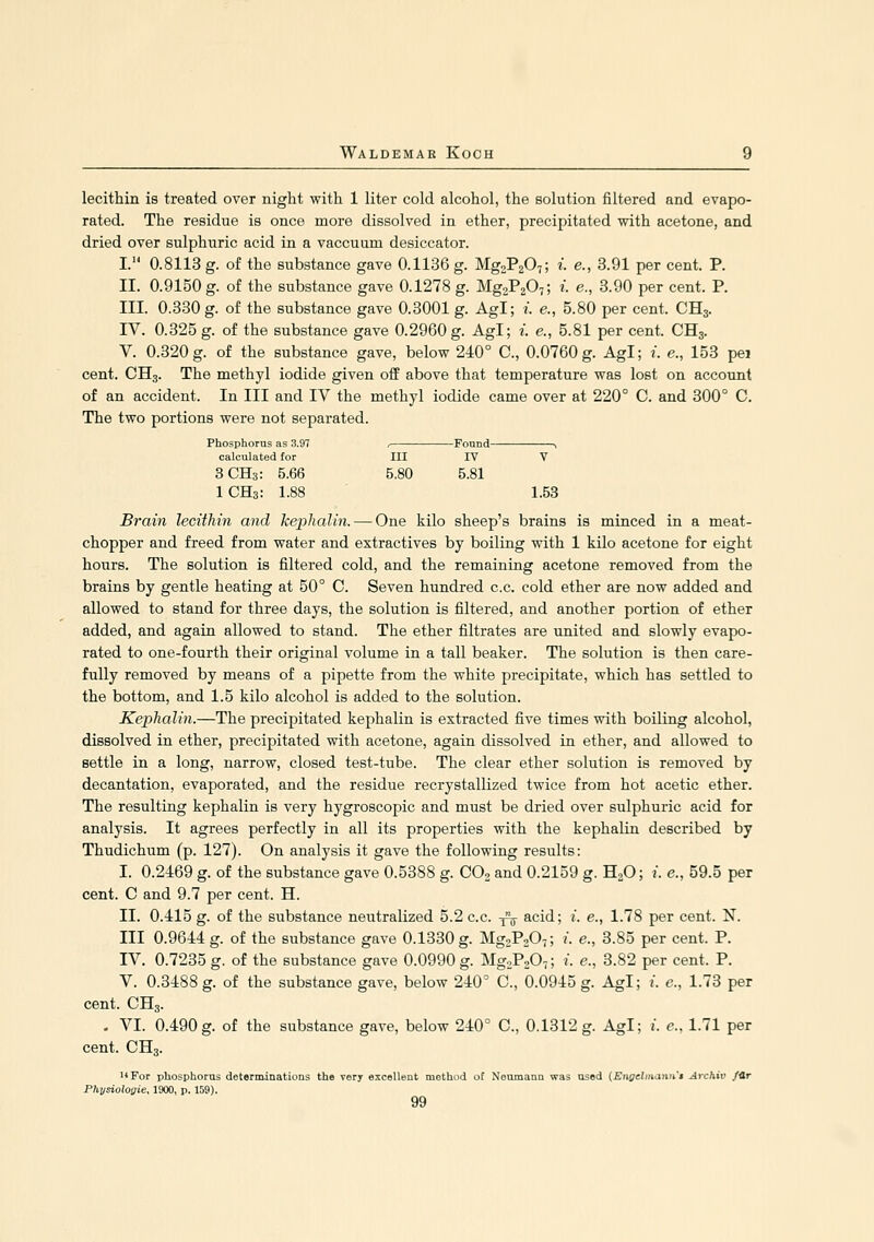 lecithin is treated over night with 1 liter cold alcohol, the solution filtered and evapo- rated. The residue is once more dissolved in ether, precipitated with acetone, and dried over sulphuric acid in a vaccuum desiccator. I. 0.8113 g. of the substance gave 0.1136 g. MgoPaO,; i. e., 3.91 per cent. P. II. 0.9150 g. of the substance gave 0.1278 g. MgaPzO,; i. e., 3.90 per cent. P. III. 0.330 g. of the substance gave 0.3001 g. Agl; i. e., 5.80 per cent. CH3. IV. 0.325 g. of the substance gave 0.2960 g. Agl; i. e., 5.81 per cent. CH3. V. 0.320g. of the substance gave, below 240° C, 0.0760g. Agl; i. e., 153 pei cent. CII3. The methyl iodide given off above that temperature was lost on account of an accident. In III and IV the methyl iodide came over at 220° C. and 300° C. The two portions were not separated. *hosphorus as 3.97 calculated for III Found rv V 3CH3: 5.66 5.80 5.81 1CH3: 1.88 1.53 Brain lecithin and kephalin. — One kilo sheep's brains is minced in a meat- chopper and freed from water and extractives by boiling with 1 kilo acetone for eight hours. The solution is filtered cold, and the remaining acetone removed from the brains by gentle heating at 50° C. Seven hundred c.c. cold ether are now added and allowed to stand for three days, the solution is filtered, and another portion of ether added, and again allowed to stand. The ether filtrates are united and slowly evapo- rated to one-fourth their original volume in a tall beaker. The solution is then care- fully removed by means of a pipette from the white precipitate, which has settled to the bottom, and 1.5 kilo alcohol is added to the solution. Kephalin.—The precipitated kephalin is extracted five times with boiling alcohol, dissolved in ether, precipitated with acetone, again dissolved in ether, and allowed to settle in a long, narrow, closed test-tube. The clear ether solution is removed by decantation, evaporated, and the residue recrystallized twice from hot acetic ether. The resulting kephalin is very hygroscopic and must be dried over sulphuric acid for analysis. It agrees perfectly in all its properties with the kephalin described by Thudichum (p. 127). On analysis it gave the following results: I. 0.2469 g. of the substance gave 0.5388 g. CO, and 0.2159 g. H2O; i. e., 59.5 per cent. C and 9.7 per cent. H. II. 0.415 g. of the substance neutralized 5.2 c.c. yV acid; i. e., 1.78 per cent. N. Ill 0.9644 g. of the substance gave 0.1330g. Mg^PoO-,; i. e., 3.85 per cent. P. IV. 0.7235 g. of the substance gave 0.0990 g. MgoP^O-,; i. e., 3.82 per cent. P. V. 0.3488 g. of the substance gave, below 240° C, 0.0945 g. Agl; /. e., 1.73 per cent. CH3. - VI. 0.490 g. of the substance gave, below 240° C, 0.1312 g. Agl; ;. c. 1.71 per cent. CH3. i*For phosphorus determinations the very excellent method of Neumann was used (Eiije/manii'j ^rc/iit' /<lr Physiologie, 1900, p. 159).