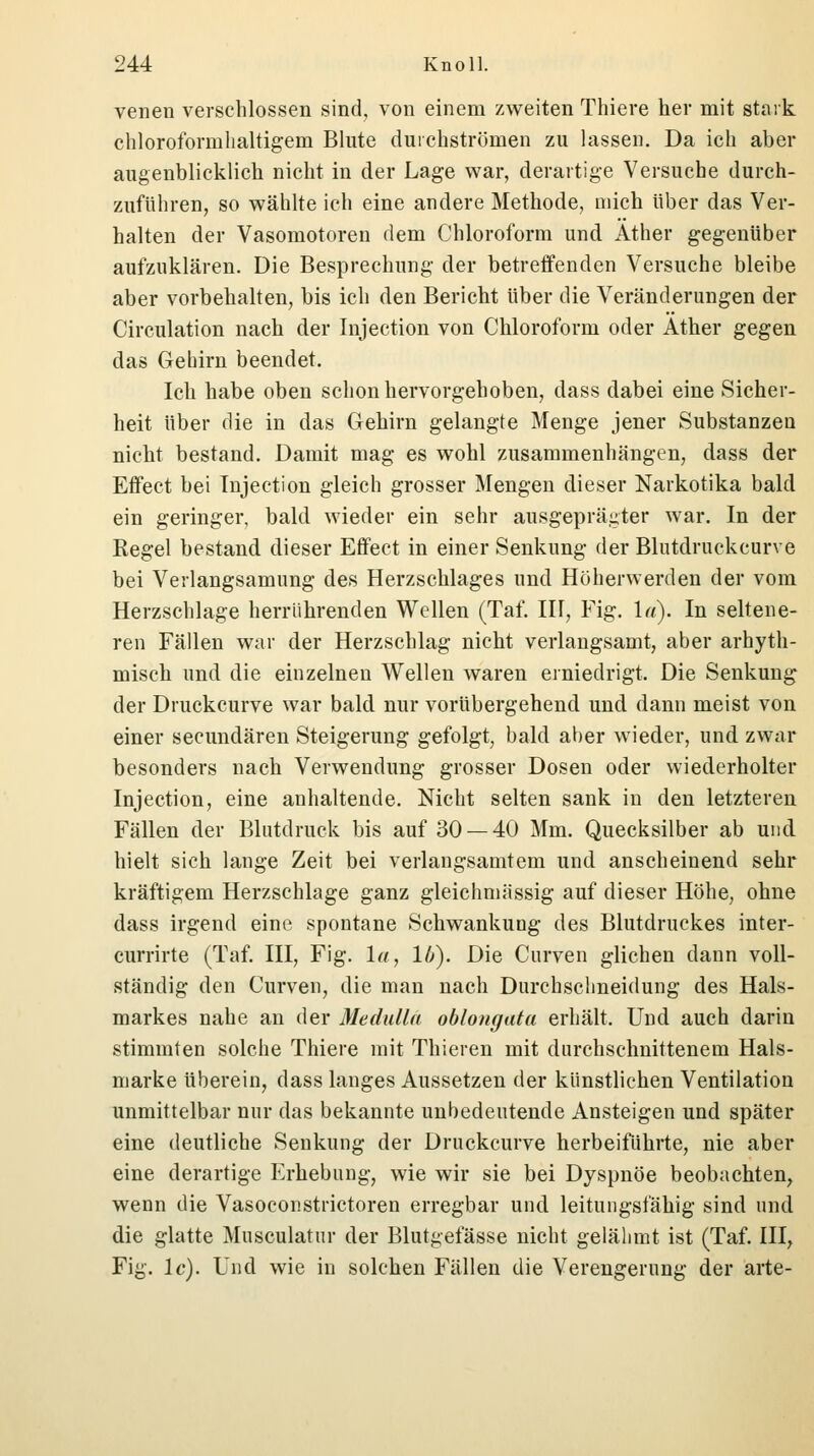 venen verschlossen sind, von einem zweiten Thiere her mit stark chloroformlialtigem Blute durchströmen zu lassen. Da ich aber augenblicklich nicht in der Lage war, derartige Versuche durch- zuführen, so wählte ich eine andere Methode, mich über das Ver- halten der Vasomotoren dem Chloroform und. Äther gegenüber aufzuklären. Die Besprechung der betreffenden Versuche bleibe aber vorbehalten, bis ich den Bericht über die Veränderungen der Circulation nach der Injection von Chloroform oder Äther gegen das Gehirn beendet. Ich habe oben schon hervorgehoben, dass dabei eine Sicher- heit über die in das Gehirn gelangte Menge jener Substanzen nicht bestand. Damit mag es wohl zusammenhängen, dass der Effect bei Injection gleich grosser Mengen dieser Narkotika bald ein geringer, bald wieder ein sehr ausgeprägter war. In der Kegel bestand dieser Effect in einer Senkung der Blutdruckcurve bei Verlangsamung des Herzschlages und Höherwerden der vom Herzschlage herrührenden Wellen (Taf. III, Fig. la). In seltene- ren Fällen war der Herzschlag nicht verlangsamt, aber arhyth- misch und die einzelnen Wellen waren erniedrigt. Die Senkung der Druckcurve war bald nur vorübergehend und dann meist von einer secundären Steigerung gefolgt, bald aber wieder, und zwar besonders nach Verwendung grosser Dosen oder wiederholter Injection, eine anhaltende. Nicht selten sank in den letzteren Fällen der Blutdruck bis auf 30 — 40 Mm. Quecksilber ab und hielt sich lange Zeit bei verlangsamtem und anscheinend sehr kräftigem Herzschlage ganz gleichmässig auf dieser Höhe, ohne dass irgend eine spontane Schwankuug des Blutdruckes inter- currirte (Taf. III, Fig. la, 16). Die Curven glichen dann voll- ständig den Curven, die man nach Durchsclmeidung des Hals- markes nahe an der Medullä oblongata erhält. Und auch darin stimmten solche Thiere mit Thieren mit durchschnittenem Hals- marke Uberein, dass langes Aussetzen der künstlichen Ventilation unmittelbar nur das bekannte unbedeutende Ansteigen und später eine deutliche Senkung der Druckcurve herbeiführte, nie aber eine derartige Erhebung, wie wir sie bei Dyspnoe beobachten, wenn die Vasoconstrictoren erregbar und leitungsfähig sind und die glatte Musculatur der Blutgefässe nicht gelähmt ist (Taf. III, Fig. lc). Und wie in solchen Fällen die Verengerung der arte-