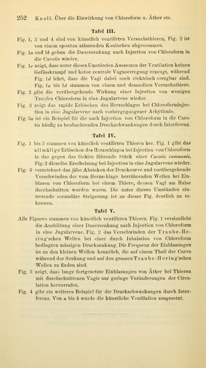 Tafel III. Fig. 1, 3 und 4 sind von künstlich ventilirten Versuchsthieren, Fig. 2 ist von einem spontan athmenden Kaninchen abgenommen. Fig. la und 16 geben die Dauersenkung nach Injection von Chloroform in die Carotis wieder. Fig. lc zeigt, dass unter diesen Umständen Aussetzen der Ventilation keinen Gefässkrampf und keine centrale Vaguserreguug erzeugt, während Fig. lc? lehrt, dass die Vagi dabei noch elektrisch erregbar sind. Fig. 1« bis ld stammen von einem und demselben Versuchsthiere. Fig. 2 gibt die vorübergehende Wirkung einer Injection von wenigen Tro;>fen Chloroform in eine Jugularvene wieder. Fig. 3 zeigt das rapide Erlöschen des Herzschlages bei Chloroforminjec- tion in eine Jugularvene nach vorhergegangener Arhythmie. Fig. 3« ist ein Beispiel für die nach Injection von Chloroform in die Caro- tis häufig zu beobachtenden Druckschwankungen durch Interferenz. Tafel IT. Fig. 1 bis 3 stammen von künstlich ventilirten Thieren her. Fig. 1 gibt das all mal ige Erlöschen des Herzschlages beilnjection von Chloroform in das gegen das Gehirn führende Stück einer Carotis communis, Fig. 2 dieselbe Erscheinung bei Injection in eine Jugularvene wieder. Fig. 3 verzeichnet das jähe Absinken der Druckcurve und vorübergehende Verschwinden der vom Herzschlage herrührenden Wellen bei Ein- blasen von Chloroform bei einem Thiere, dessen Vagi am Halse durchschnitten worden waren. Die unter diesen Umständen ein- tretende secundäre Steigerung ist an dieser Fig. deutlich zu er- kennen. Tafel V. Alle Figuren stammen von künstlich ventilirten Thieren. Fig. 1 versinnlicht die Ausbildung einer Dauersenkung nach Injection von Chloroform in eine Jugularvene, Fig. 2 das Verschwinden der Traube-He- ring'schen Wellen bei einer durch Inhalation von Chloroform bedingten massigen Drucksenkung. Die Frequenz der Einblasungen ist an den kleinen Wellen kenntlich, die auf einem Theil der Curve während der Senkung und auf den grossen Traube-Herin g'schen Wellen zu finden sind. Fig. 3 zeigt, dass lange fortgesetzte Einblasungen von Äther bei Thieren mit durchschnittenen Vagis nur geringe Veränderungen der Circu- lation hervorrufen. Fig. 4 gibt ein weiteres Beispiel für die Druckschwankungen durch Inter- ferenz. Von a bis b wurde die künstliche Ventilation ausgesetzt.