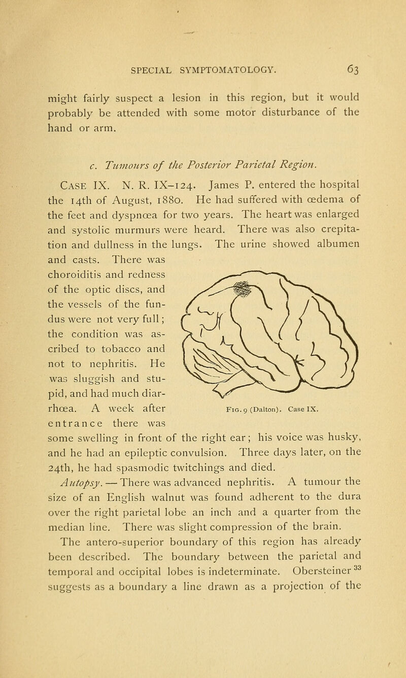 might fairly suspect a lesion in this region, but it would probably be attended with some motor disturbance of the hand or arm. c. Tumours of the Posterior Parietal Region. Case IX. N. R. IX-124. James P. entered the hospital the 14th of August, 1880. He had suffered with cedema of the feet and dyspnoea for two years. The heart was enlarged and systolic murmurs were heard. There was also crepita- tion and dullness in the lungs. The urine showed albumen and casts. There was choroiditis and redness of the optic discs, and the vessels of the fun- dus were not very full; the condition was as- cribed to tobacco and not to nephritis. He was sluggish and stu- pid, and had much diar- rhoea. A week after entrance there was some swelling in front of the right ear; his voice was husky, and he had an epileptic convulsion. Three days later, on the 24th, he had spasmodic twitchings and died. Autopsy. — There was advanced nephritis. A tumour the size of an English walnut was found adherent to the dura over the right parietal lobe an inch and a quarter from the median line. There was slight compression of the brain. The antero-superior boundary of this region has already been described. The boundary between the parietal and temporal and occipital lobes is indeterminate. Obersteiner33 suggests as a boundary a line drawn as a projection of the