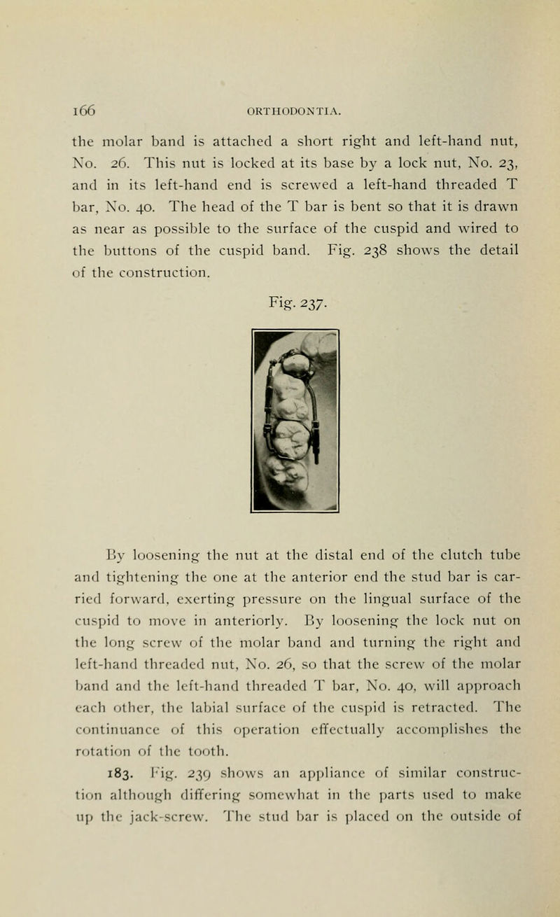 the molar band is attached a short right and left-hand nut, No. 26. This nut is locked at its base by a lock nut. No. 23, and in its left-hand end is screwed a left-hand threaded T bar. No. 40. The head of the T bar is bent so that it is drawn as near as possible to the surface of the cuspid and wired to the buttons of the cuspid band. Fig. 238 shows the detail of the construction. Fig. 237. By loosening the nut at the distal end of the clutch tube and tightening the one at the anterior end the stud bar is car- ried forward, exerting pressure on the lingual surface of the cuspid to move in anteriorly. By loosening the lock nut on the long screw of the molar band and turning the right and left-hand threaded nut. No. 26, so that the screw of the molar band and the left-hand threaded T bar, No. 40, will approach each other, the labial surface of the cuspid is retracted. The continuance of this operation effectually accomplishes the rotation of the tooth. 183. Fig. 231; shows an appliance of similar construc- tion although differing somewhat in the parts used to make up the jack-screw. The stud bar is placed Oil the outside of