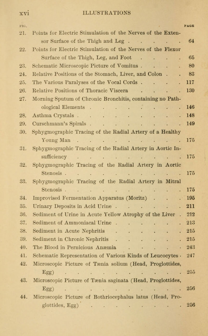 KKi. • PAÖK 2L Points for Electric Stimulation of the Nerves of the Exten- sor Surface of the Thigh and Leg 64 22. Points for Electric Stimulation of the Nerves of the Flexor Surface of the Thigh, Leg, and Foot 23. Schematic Microscopic Picture of Vomitus . 24. Relative Positions of the Stomach, Liver, and Colon . 25. The Various Paralyses of the Vocal Cords . 26. Relative Positions of Thoracic Viscera 27. Morning Sputum of Chronic Bronchitis, containing no Path- ological Elements 28. Asthma Crystals 29. Curschmann's Spirals 30. Sphygmographic Tracing of the Radial Artery of a Healthy Young Man ........ 3L Sphygmographic Tracing of the Radial Artery in Aortic In- sufficiency . 32. Sphygmographic Tracing of the Radial Artery in Aortic Stenosis 33. Sphygmographic Tracing of the Radial Artery in Mitral Stenosis 34. Improvised Fermentation Apparatus (Moritz) 35. Urinary Deposits in Acid Urine 36. Sediment of Urine in Acute Yellow Atrophy of the Liver 37. Sediment of Ammoniacal Urine 38. Sediment in Acute Nephritis 39. Sediment in Chronic Nephritis 40. The Blood in Pernicious Anaemia . • . . 41. Schematic Representation of Various Kinds of Leucocytes 42. Microscopic Picture of Tsenia solium (Head, Proglottides, Egg) 43. Microscopic Picture of Tsenia saginata (Head, Proglottides, Egg) 44. Microscopic Picture of Bothriocephalus latus (Head, Pro- glottides, Egg)