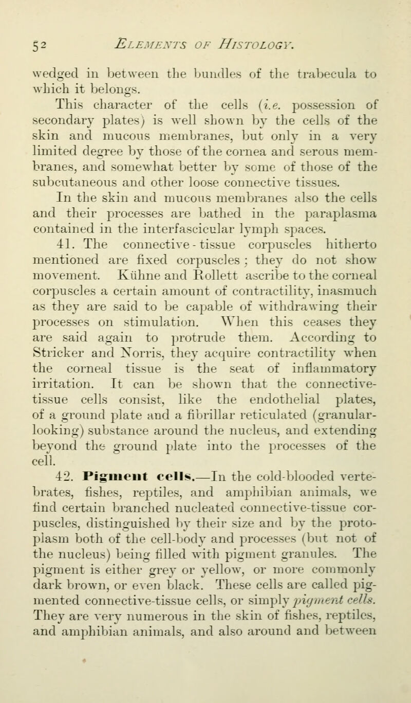 wedged in between the bundles of the trabecula to which it belongs. This character of the cells (i.e. possession of secondary j)lates) is well shown Ijy the cells of the skin and mucous membranes, but only in a very limited degree by those of the cornea and serous mem- branes, and somewhat better by some of those of the subcutaneous and other loose connective tissues. In the skin and mucous membranes also the cells and their processes are bathed in the paraplasma contained in the interfascicular lymph spaces. 41. The connective - tissue corpuscles hitherto mentioned are fixed corpuscles : they do not show movement. Kiihne and Rollett ascriVje to the corneal corpuscles a certain amount of contractility, inasmuch as they are said to be capable of withdrawing their processes on stimulation. When this ceases they are said again to protrude them. According to Strieker and Norris, they acquire contractility when the corneal tissue is the seat of inflammatory irritation. It can be shown that the connective- tissue cells consist, like the endothelial plates, of a ground plate and a fibrillar reticulated (granular- looking) substance around the nucleus, and extending beyond the ground plate into the proces.ses of the cell. 42. Pigment cells.—In the cold-blooded verte- brates, fishes, reptiles, and amphibian animals, we find certain branched nucleated connective-tissue cor- puscles, distinguished by their size and by the proto- plasm both of the cell-body and processes (but not of the nucleus) being filled with pigment granules. The pigment is either grey or yellow, or more commonly dark brown, or even black. These cells are called pig- mented connective-tissue cells, or simply inijinent cells. They are very numerous in the skin of fishes, reptiles, and amphibian animals, and also around and between