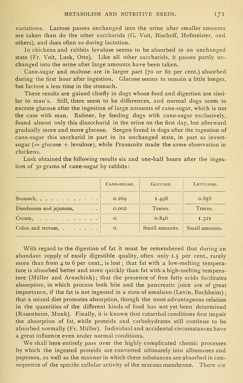 variations. Lactose passes unchanged into the urine after smaller amounts are taken than do the other saccharids (G. Voit, Bischoff, Hofmeister, and others), and does often so during lactation. In chickens and rabbits levulose seems to be absorbed in an unchanged state (Fr. Voit, Lusk, Otto). Like all other saccharids, it passes partly un- changed into the urine after large amounts have been taken. Cane-sugar and maltose are in larger part (70 or 80 per cent.) absorbed during the first hour after ingestion. Glucose seems to remain a little longer, but lactose a less time in the stomach. These results are gained chiefly in dogs whose food and digestion are simi- lar to man's. Still, there seem to be differences, and normal dogs seem to excrete glucose after the ingestion of large amounts of cane-sugar, which is not the case with man. Rubner, by feeding dogs with cane-sugar exclusively, found almost only this disaccharid in the urine on the first day, but afterward gradually more and more glucose. Seegen found in dogs after the ingestion of cane-sugar this saccharid in part in its unchanged state, in part as invert- sugar (= glucose -f- levulose), while Praussnitz made the same observation in chickens. Lusk obtained the following results six and one-half hours after the inges- tion of 30 grams of cane-sugar by rabbits : Cane-sugar. Glucose. Levulose. Stomach, 0.269 1.498 0.858 Duodenum and jejunum, . . 0.002 Traces. Traces. Cecum, 0. 0.846 1.321 Colon and rectum, 0. Small amounts. Small amounts. With regard to the digestion of fat it must be remembered that during an abundant supply of easily digestible quality, often only 1.5 per cent., rarely more than from 4 to 6 per cent., is lost; that fat with a low-melting tempera- ture is absorbed better and more quickly than fat with a high-melting tempera- ture (Miiller and Arnschink) ; that the presence of free fatty acids facilitates absorption, in which process both bile and the pancreatic juice are of great importance, if the fat is not ingested in a state of emulsion (Levin, Buchheim); that a mixed diet promotes absorption, though the most advantageous relation in the quantities of the different kinds of food has not yet been determined (Rosenheim, Munk). Finally, it is known that catarrhal conditions first impair the absorption of fat, while proteids and carbohydrates still continue to be absorbed normally (Fr. Miiller). Individual and accidental circumstances have a great influence even under normal conditions. We shall here entirely pass over the highly complicated chemic processes by which the ingested proteids are converted ultimately into albumoses and peptones, as well as the manner in which these substances are absorbed in con- sequence of the specific cellular activity of the mucous membrane. There are