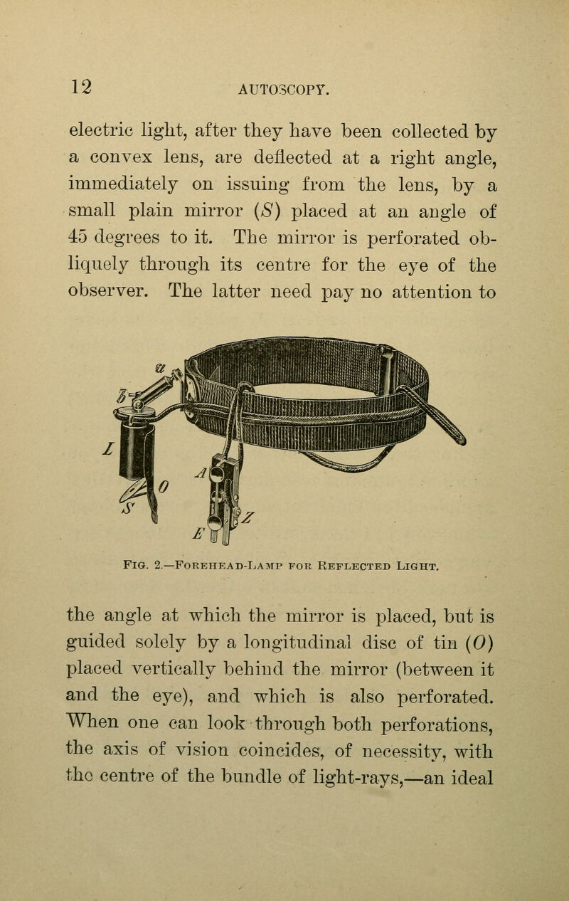 electric light, after they have been collected by a convex lens, are deflected at a right angle, immediately on issuing from the lens, by a small plain mirror (8) placed at an angle of 45 degrees to it. The mirror is perforated ob- liquely through its centre for the eye of the observer. The latter need pay no attention to Fig. 2.—Forehead-Lamp for Reflected Light. the angle at which the mirror is placed, but is guided solely by a longitudinal disc of tin (0) placed vertically behind the mirror (between it and the eye), and which is also perforated. When one can look through both perforations, the axis of vision coincides, of necessity, with the centre of the bundle of light-rays,—an ideal