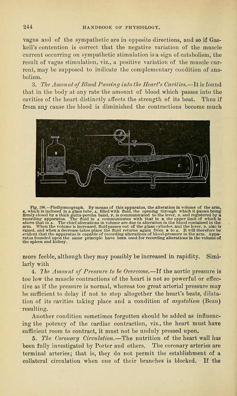 vagus and of the sympathetic are in opposite directions, and so if Gas- kell's contention is correct that the negative variation of the muscle current occurring on sympathetic stimuhition is a sign of catabolism, the result of vagus stimulation, viz., a positive variation of the muscle cur- rent, may be supposed to indicate the complementary condition of ana- bolism. 3. The Amount of Blood Passing into the Heart's Cavities.—It is found that in the body at any rate the amount of blood which passes into the cavities of the heart distinctly affects the strength of its beat. Thus if from anj cause the blood is diminished the contractions become much Fig. 198.—Plethysmograph. By means of this apparatus, the alteration in volume of the arm, E, which is inclosed in a glass tube, a, filled with fluid, the opening through which it passes being firmly closed by a thick gutta-percha band, f, is communicated to the lever, d, and registered by a recording apparatus. The fluid in a communicates with that in b, the upper limit of which is above that in a. The chief alterations in volume are due to alteration in the blood contained in the arm. When the volume is increased, fluid passes out of the glass cylinder, and the lever, d, also is raised, and when a decrease takes place the fluid returns again from b to a. It will therefore be evident that the apparatus is capable of recording alterations of blood-pressure in the arm. Appa- ratus founded upon the same principle have been used for recording alterations in the volume of the spleen and kidney. more feeble, although they may possibly be increased in rapidity. Simi- larly with 4. 7he Amount of Pressure to he Overcome.—If the aortic pressure is too low the muscle contractions of the heart is not so powerful or effec- tive as if the pressure is normal, whereas too great arterial pressure may be sufficient to delay if not to stop altogether the heart's beats, dilata- tion of its cavities taking place and a condition of asystolism (Beau) resulting. Another condition sometimes forgotten should be added as influenc- ing the potency of the cardiac contraction, viz., the heart must have sufficient room to contract, it must not be unduly pressed upon. 6. The Coronary Circulation.—The nutrition of the heart wall has been fully investigated by Porter and others. The coronary arteries are terminal arteries; that is, they do not permit the establishment of a collateral circulation when one of their branches is blocked. If the