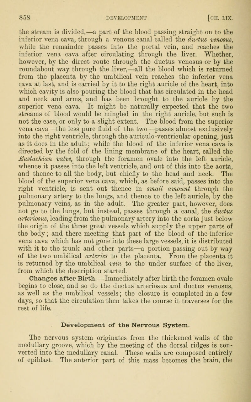 the stream is divided,—a part of the blood passing straight on to the inferior vena cava, through a venous canal called the ductus venosus, while the remainder passes into the portal vein, and reaches the inferior vena cava after circulating through the liver. Whether, however, by the direct route through the ductus venosus or by the roundabout way through the liver,—all the blood which is returned from the placenta by the umbilical vein reaches the inferior vena cava at last, and is carried by it to the right auricle of the heart, into which cavity is also pouring the blood that has circulated in the head and neck and arms, and has been brought to the auricle by the superior vena cava. It might be naturally expected that the two streams of blood would be mingled in the right auricle, but such is not the case, or only to a slight extent. The blood from the superior vena cava—the less pure fluid of the two—passes almost exclusively into the right ventricle, through the auriculo-ventricular opening, just as it does in the adult; while the blood of the inferior vena cava is directed by the fold of the lining membrane of the heart, called the Eustachian valve, through the foramen ovale into the left auricle, whence it passes into the left ventricle, and out of this into the aorta, and thence to all the body, but chiefly to the head and neck. The blood of the superior vena cava, which, as before said, passes into the right ventricle, is sent out thence in small amount through the pulmonary artery to the lungs, and thence to the left auricle, by the pulmonary veins, as in the adult. The greater part, however, does not go to the lungs, but instead, passes through a canal, the ductus arteriosus, leading from the pulmonary artery into the aorta just below the origin of the three great vessels which supply the upper parts of the body; and there meeting that part of the blood of the inferior vena cava which has not gone into these large vessels, it is distributed with it to the trunk and other parts—a portion passing out by way of the two umbilical arteries to the placenta. From the placenta it is returned by the umbilical vein to the under surface of the liver, from which the description started. Changes after Birth.—Immediately after birth the foramen ovale begins to close, and so do the ductus arteriosus and ductus venosus, as well as the umbilical vessels; the closure is completed in a few days, so that the circulation then takes the course it traverses for the rest of life. Development of the Nervous System. The nervous system originates from the thickened walls of the medullary groove, which by the meeting of the dorsal ridges is con- verted into the medullary canal. These walls are composed entirely of epiblast. The anterior part of this mass becomes the brain, the