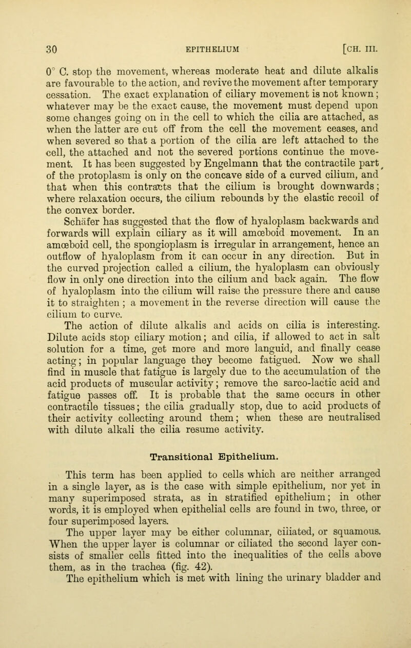 0 C. stop the movement, whereas moderate heat and dilute alkalis are favourable to the action, and revive the movement after tempoi'ary cessation. The exact explanation of ciliary movement is not known; whatever may be the exact cause, the movement must depend upon some changes going on in the cell to which the cilia are attached, as when the latter are cut off from the cell the movement ceases, and when severed so that a portion of the cilia are left attached to the cell, the attached and not the severed portions continue the move- ment. It has been suggested by Engelmann that the contractile part ^ of the protoplasm is only on the concave side of a curved cilium, and that when this contracts that the cilium is brought downwards; where relaxation occurs, the cilium rebounds by the elastic recoil of the convex border. Schafer has suggested that the flow of hyaloplasm backwards and forwards will explain ciliary as it will amceboid movement. In an amoeboid cell, the spongioplasm is irregular in arrangement, hence an outflow of hyaloplasm from it can occur in any direction. But in the curved projection called a cilium, the hyaloplasm can obviously flow in only one direction into the cilium and back again. The flow of hyaloplasm into the cilium will raise the pressure there and cause it to straighten ; a movement in the reverse direction will cause the cilium to curve. The action of dilute alkalis and acids on cilia is interesting. Dilute acids stop ciliary motion; and cilia, if allowed to act in salt solution for a time, get more and more languid, and finally cease acting; in popular language they become fatigued. Now we shall find in muscle that fatigue is largely due to the accumulation of the acid products of muscular activity; remove the sarco-lactic acid and fatigue passes off. It is probalDle that the same occurs in other contractile tissues; the cilia gradually stop, due to acid products of their activity collecting around them; when these are neutralised with dilute alkali the cilia resume activity. Transitional Epithelium. This term has been applied to cells which are neither arranged in a single layer, as is the case with simple epithelium, nor yet in many superimposed strata, as in stratified epithelium; in other words, it is employed when epithelial cells are found in two, three, or four superimposed layers. The upper layer may be either columnar, ciliated, or squamous. When the upper layer is columnar or ciliated the second layer con- sists of smaller cells fitted into the inequalities of the cells above them, as in the trachea (fig. 42). The epithelium which is met with lining the urinary bladder and