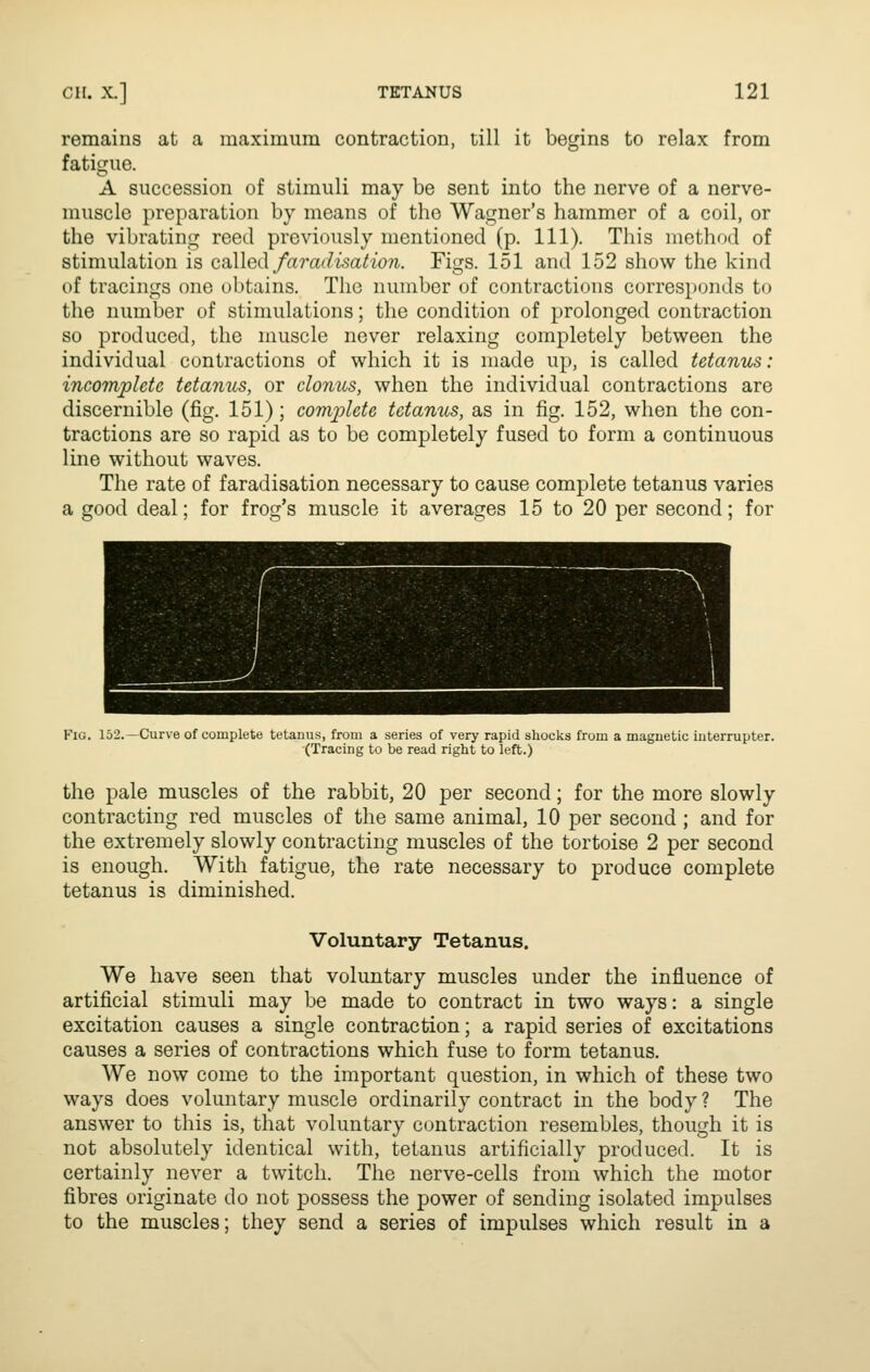 remains at a maximum contraction, till it begins to relax from fatigue. A succession of stimuli may be sent into the nerve of a nerve- muscle preparation by means of the Wagner's hammer of a coil, or the vibrating reed previously mentioned (p. 111). This method of stimulation is caMed fa7'adisation. Figs. 151 and 152 show the kind of tracings one obtains. The number of contractions corresponds to the number of stimulations; the condition of prolonged contraction so produced, the muscle never relaxing completely between the individual contractions of which it is made up, is called tetanus: incomplete tetamis, or domes, when the individual contractions are discernible (fig. 151); complete tetanus, as in fig. 152, when the con- tractions are so rapid as to be completely fused to form a continuous line without waves. The rate of faradisation necessary to cause complete tetanus varies a good deal; for frog's muscle it averages 15 to 20 per second; for Fig. 152.—Curve of complete tetanus, from a series of very rapid shocks from a magnetic interrupter. (Tracing to be read right to left.) the pale muscles of the rabbit, 20 per second; for the more slowly contracting red muscles of the same animal, 10 per second ; and for the extremely slowly contracting muscles of the tortoise 2 per second is enough. With fatigue, the rate necessary to produce complete tetanus is diminished. Voluntary Tetanus. We have seen that voluntary muscles under the influence of artificial stimuli may be made to contract in two ways: a single excitation causes a single contraction; a rapid series of excitations causes a series of contractions which fuse to form tetanus. We now come to the important question, in which of these two ways does voluntary muscle ordinarily contract in the body ? The answer to this is, that voluntary contraction resembles, though it is not absolutely identical with, tetanus artificially produced. It is certainly never a twitch. The nerve-cells from which the motor fibres originate do not possess the power of sending isolated impulses to the muscles; they send a series of impulses which result in a