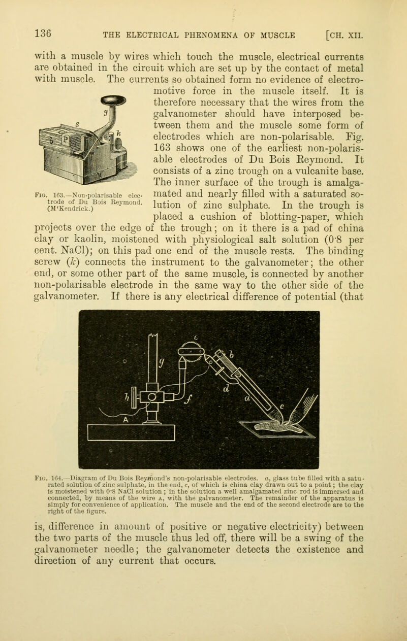 with a muscle by wires which touch the muscle, electrical currents are obtained in the circuit which are set up by the contact of metal with muscle. The currents so obtained form no evidence of electro- _ motive force in the muscle itself. It is therefore necessary that the wires from the galvanometer should have interposed be- tween them and the muscle some form of electrodes which are non-polarisable. Fig, 163 shows one of the earliest non-polaris- able electrodes of Du Bois Eeymond. It consists of a zinc trough on a vulcanite base. The inner surface of the trough is amalga- mated and nearly filled with a saturated so- lution of zinc sulphate. In the trough is placed a cushion of blotting-paper, which projects over the edge of the trough; on it there is a pad of china clay or kaolin, moistened with physiological salt solution (0'8 per cent. NaCl); on this pad one end of the muscle rests. The binding screw (k) connects the instrument to the galvanometer; the other end, or some other part of the same muscle, is connected by another non-polarisable electrode in the same way to the other side of the galvanometer. If there is any electrical difference of potential (that !. 163.—Xon-polarisable elec- trode of Du BMs Reymond. (M'Kendrick.) Fig. 104.—Diagram of Du Buis Reyjnond'.s non-polarisable electrode.s. a, glass lube liUed with a satu- rated solution of zinc sulphate, in the end, c, of which is china clay drawn out to a point; the clay is moistened with O'S NaCl solution ; in the .solution a well amalgamated zinc rod is immersod and connected, by means of the wire a, with the galvanometer. The remainder of the apparatus is simply for convenience of application. The muscle and the end of the second electrode are to the right of the tigure. is, difference in amount of positive or negative electricity) between the two parts of the muscle thus led off, there will be a swing of the galvanometer needle; the galvanometer detects the existence and direction of any current that occurs.