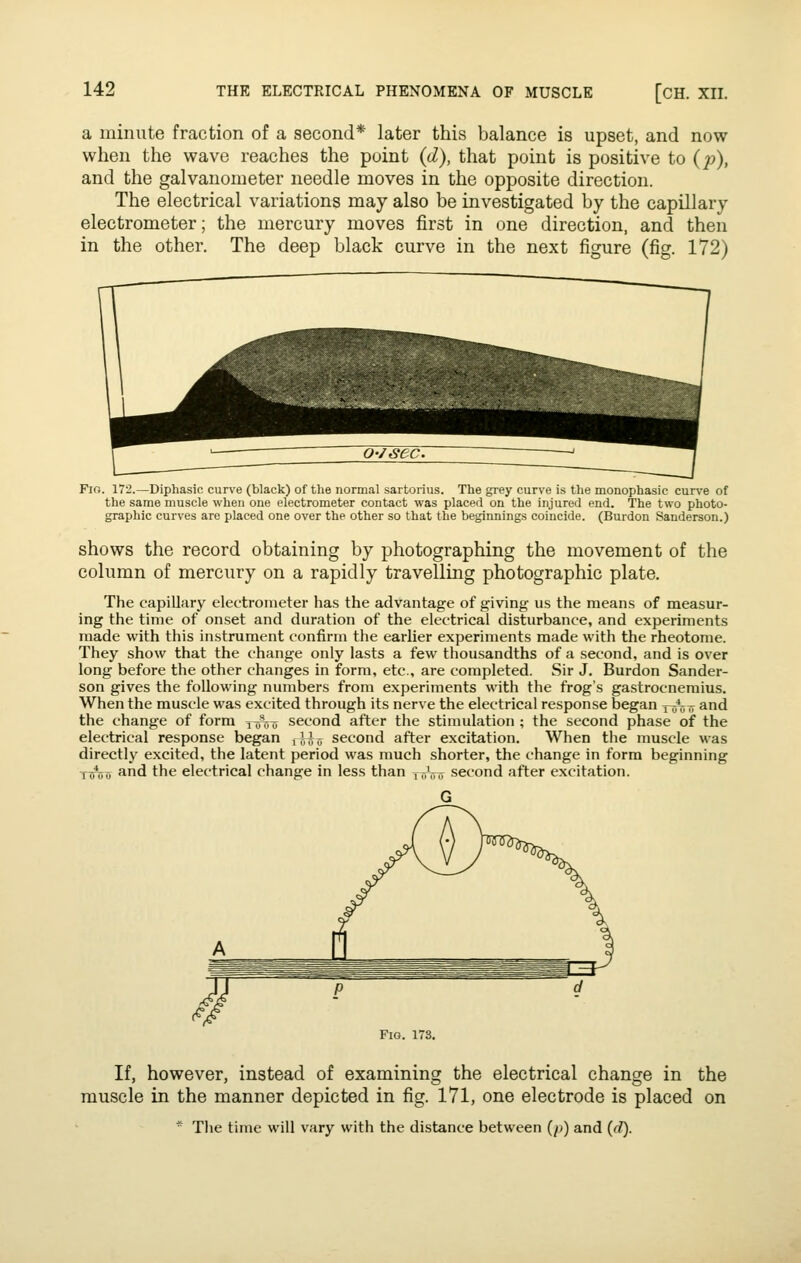 a minute fraction of a second* later this balance is upset, and now when the wave reaches the point {d), that point is positive to (;:>), and the galvanometer needle moves in the opposite direction. The electrical variations may also be investigated by the capillary electrometer; the mercury moves first in one direction, and then in the other. The deep black curve in the next figure (fig. 172) Pio. 172.—Diphasic curve (black) of tlie normal sartorius. The grey curve is tlie monophasic curve of the same muscle when one electrometer contact was placed on the injured end. The two photo- graphic curves are placed one over the other so that the beginnings coincide. (Burdon Sanderson.) shows the record obtaining by photographing the movement of the column of mercury on a rapidly travelling photographic plate. The capillary electrometer has the advantage of giving us the means of measur- ing the time of onset and duration of the electrical disturbance, and experiments made with this instrument confirm the earlier experiments made with the rheotome. They show that the change only lasts a few thousandths of a second, and is over long before the other changes in form, etc., are completed. Sir J. Burdon Sander- son gives the following numbers from experiments with the frog's gastrocnemius. When the muscle was excited through its nerve the electrical response began tu*ott and the change of form -i-^T,w second after the stimulation ; the second phase of the electrical response began ,ii^ second after excitation. When the muscle was directly excited, the latent period was much shorter, the change in form beginning y^u and the electrical change in less than jr,Vir second after excitation. Fig. 173. If, however, instead of examining the electrical change in the muscle in the manner depicted in fig. 171, one electrode is placed on ' The time will vary with the distance between (/y) and ((7).