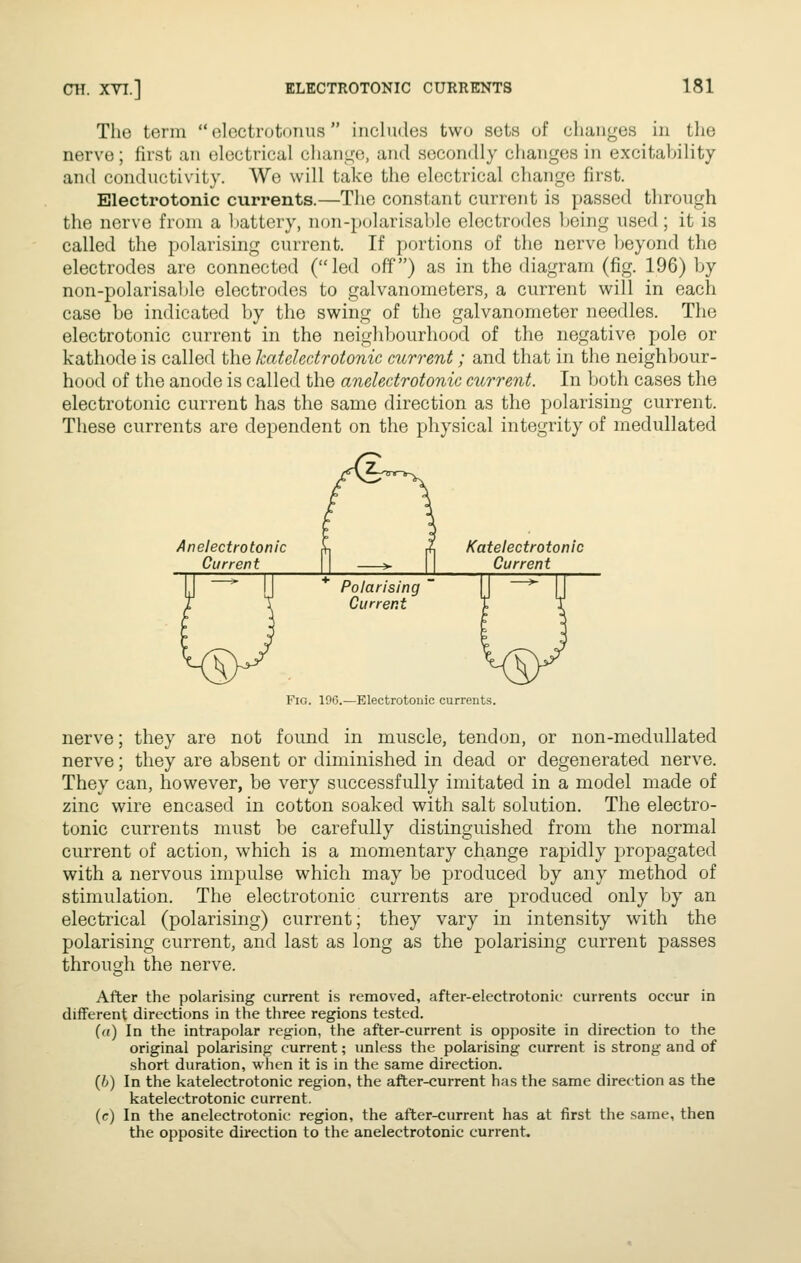 The term  electrotonus includes two sets of changes in the nerve; first an electrical cliange, and secondly changes in excitability and conductivity. We will take the electrical change first. Blectrotonic currents.—The constant current is passed tlirough the nerve from a battery, non-polarisable electrodes licing used; it is called the polarising current. If portions of the nerve Ijeyond the electrodes are connected (led off) as in the diagram (fig. 196) by non-polarisable electrodes to galvanometers, a current will in each case be indicated by the swing of the galvanometer needles. The electrotonic current in the neiglibourhood of the negative p)ole or kathode is called the Icateledrotonic current; and that in the neighbour- hood of the anode is called the anelectrotonic current. In both cases the electrotonic current has the same direction as the polarising current. These currents are dependent on the physical integrity of medullated Anelectrotonic y, fy Katelectrotonic Current \\ > | | Current Polarising Current Fig. 106.—Electrotonic currents. nerve; they are not found in muscle, tendon, or non-medullated nerve; they are absent or diminished in dead or degenerated nerve. They can, however, be very successfully imitated in a model made of zinc wire encased in cotton soaked with salt solution. The electro- tonic currents must be carefully distinguished from the normal current of action, which is a momentary change rapidly propagated with a nervous impulse which may be produced by any method of stimulation. The electrotonic currents are produced only by an electrical (polarising) current; they vary in intensity with the polarising current, and last as long as the polarising current passes through the nerve. After the polarising current is removed, after-electrotonic currents occur in different directions in the three regions tested. («) In the intrapolar region, the after-current is opposite in direction to the original polarising current; unless the polarising current is strong and of short duration, when it is in the same direction. {b) In the katelectrotonic region, the after-current has the same direction as the katelectrotonic current. (c) In the anelectrotonic region, the after-current has at first the same, then the opposite direction to the anelectrotonic current.