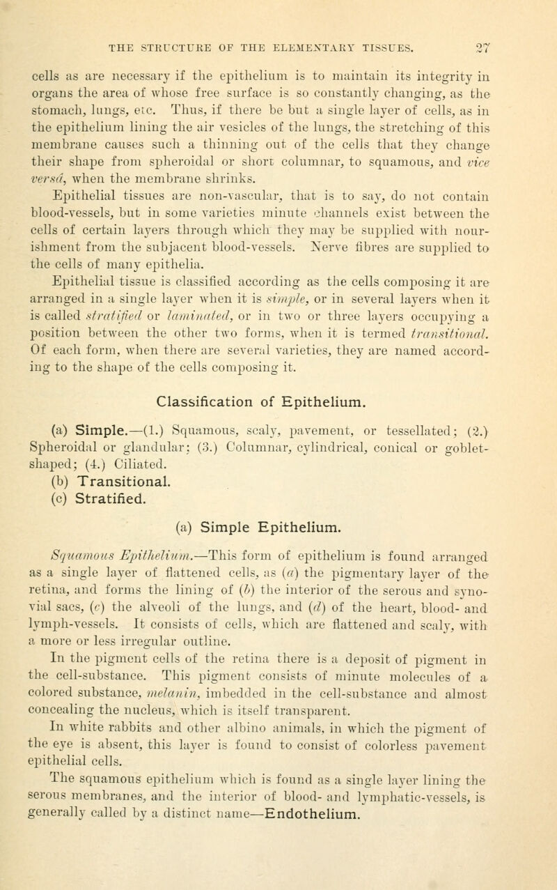cells as are necessary if the epithelium is to maintain its integrity in organs the area of whose free snrface is so constantly changing, as the stomach, lungs, etc. Thus, if there be but a single layer of cells, as in the epithelium lining the air vesicles of the lungs, the stretching of this membrane causes such a thinning out of the cells that they change their shape from spheroidal or short columnar, to squamous, and vice versa, when the membrane shrinks. Epithelial tissues are non-vascular, that is to say, do not contain blood-vessels, but in some varieties minute channels exist between the cells of certain layers through w^hich they may be supplied with nour- ishment from the subjacent blood-vessels. Xerve fibres are suj^jjlied to the cells of many epithelia. Epithelial tissue is classified according as tiie cells composing it are arranged in a single layer when it is ni/njjle, or in several layers when it is called stratified or laminated, or in two or three layers occupying a position between the other two forms, when it is termed transitional. Of each form, when there are several varieties, they are named accord- ing to the shaj)e of the cells composing it. Classification of Epithelium. (a) Simple.—(1.) Squamous, scaly, pavement, or tessellated; (3.) Spheroidal or glandular; (3.) Columnar, cylindrical, conical or goblet- shaped; (4.) Ciliated. (b) Transitional. (c) Stratified. (a) Simple Epithelium. Squamous Epitlielium.—This form of epithelium is found arranged as a single layer of flattened cells, as («) the pigmentary layer of the retina, and forms the lining of {h) the interior of the serous and syno- vial sacs, (c) the alveoli of the lungs, and {d) of the heart, blood- and lymph-vessels. It consists of cells, which are flattened and scaly, with a more or less irregular outline. In the pigment cells of the retina there is a deposit of pigment in the cell-substance. This pigment consists of minute molecules of a colored substance, melanin, imbedded in the cell-substance and almost concealing the nucleus, which is itself transparent. In white rabbits and other albino animals, in which the pigment of the eye is absent, this layer is found to consist of colorless pavement epithelial cells. The squamous epithelium which is found as a single layer lining the serous membranes, and the interior of blood- and lymphatic-vessels, is generally called by a distinct name—Endothelium.
