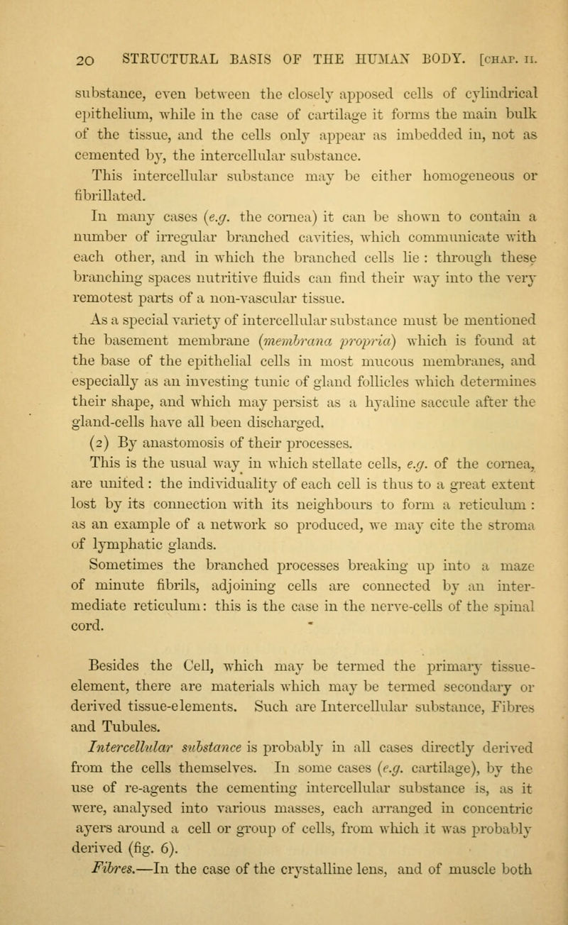 substance, even between the closely apposed cells of cylindrical epithelium, while in the case of cartilage it forms the main bulk of the tissue, and the cells only appear as imbedded in, not as cemented by, the intercellular substance. This intercellular substance may be either homogeneous or fibrillated. In many cases {e.g. the cornea) it can be shown to contain a number of irregular branched cavities, which communicate with each other, and in which the branched cells lie : through these branching spaces nutritive fluids can find their way into the very remotest parts of a non-vascular tissue. As a special variety of intercellular substance must be mentioned the basement membrane (membrana propria) which is found at the base of the epithelial cells in most mucous membranes, and especially as an investing tunic of gland follicles which determines their shape, and which may persist as a hyaline saccule after the gland-cells have all been discharged. (2) By anastomosis of their processes. This is the usual way in which stellate cells, e.g. of the cornea, are united : the individuality of each cell is thus to a great extent lost by its connection with its neighbours to form a reticulum : as an example of a network so produced, we may cite the stroma of lymphatic glands. Sometimes the branched processes breaking up into a maze of minute fibrils, adjoining cells are connected by an inter- mediate reticulum: this is the case in the nerve-cells of the spinal cord. Besides the Cell, which may be termed the primary tissue- element, there are materials which may be termed secondary or derived tissue-elements. Such are Intercellular substance, Fibres and Tubules. Intercellular substance is probably in all cases directly derived from the cells themselves. In some cases (e.g. cartilage), by the use of re-agents the cementing intercellular substance is, as it were, analysed into various masses, each arranged in concentric ayers around a cell or group of cells, from which it was probal try derived (fig. 6). Fibres.—In the case of the crystalline lens, and of muscle both