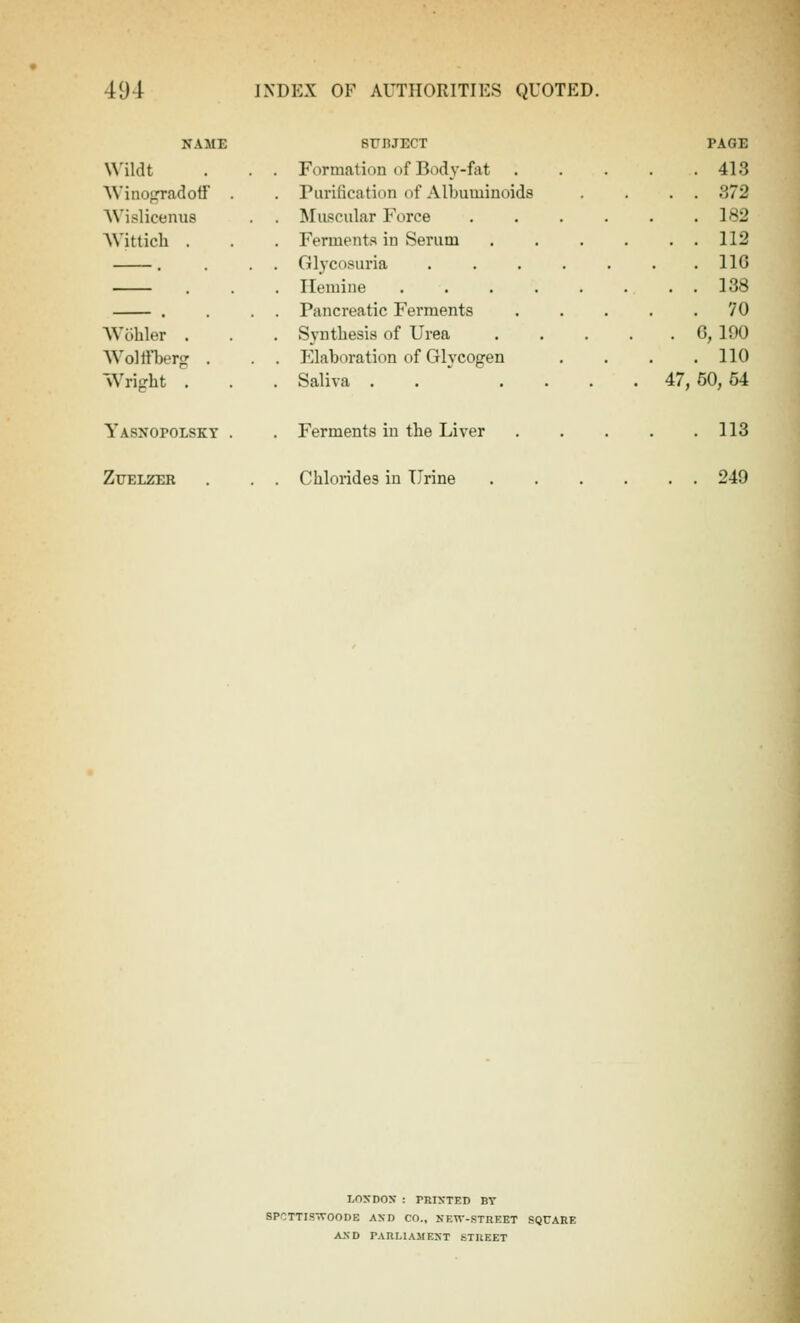 NAME W'ildt Winogradotf . Wislicenus VVittich . Wobler . Wolffberg Wrisrht . SUBJECT Formation of Body-fat Purification of Albuminoids Muscular Force Ferments in Serum Glycosuria Ilemiiie . . . . Pancreatic Ferments Synthesis of Urea Elaboration of Glycogen Saliva . PAGE 413 872 182 112 IIG 138 VO . G, 190 . 110 47, 50, 54 Yasnopolskt Zuelzer Ferments in the Liver Chlorides in Urine 113 249 liONDOS : PKIXTED BT SPCTTIS'STOODE AXD CO., NEW-STREET SQUARE A.SD TAUMAMEST STREET