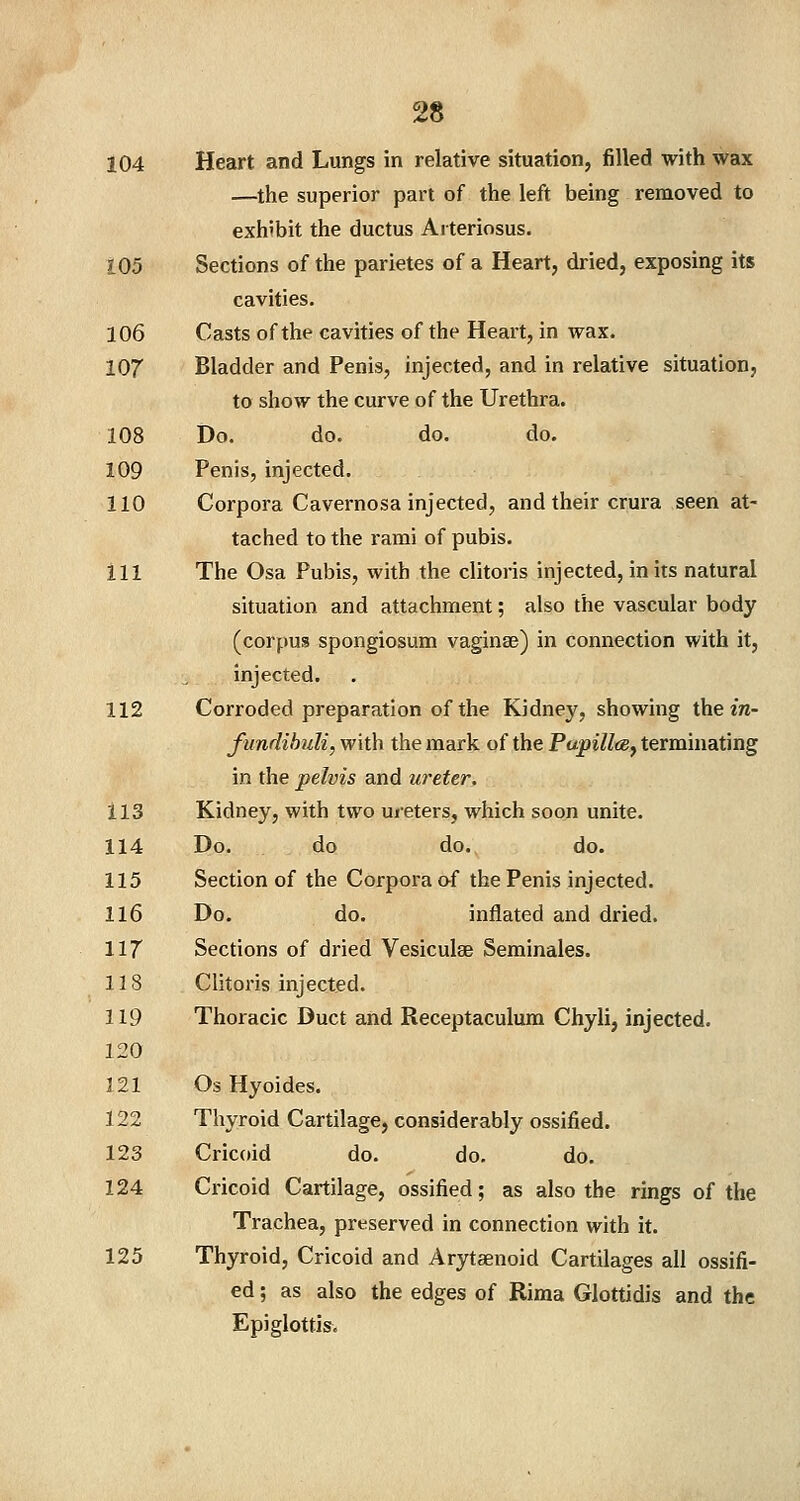 104 Heart and Lungs in relative situation, filled with wax —the superior part of the left being removed to exh'bit the ductus Arteriosus. 105 Sections of the parietes of a Heart, dried, exposing its cavities. 106 Casts of the cavities of the Heart, in wax. 107 Bladder and Penis, injected, and in relative situation, to show the curve of the Urethra. 108 Do. do. do. do. 109 Penis, injected. 110 Corpora Cavernosa injected, and their crura seen at- tached to the rami of pubis. 111 The Osa Pubis, with the clitoris injected, in its natural situation and attachment; also the vascular body (corpus spongiosum vaginae) in connection with it, injected. 112 Corroded preparation of the Kidney, showing the in- fundibuli, with the mark of the PupilltBy terminating in the pelvis and ureter. 113 Kidney, with two ureters, which soon unite. 114 Do. do do. do. 115 Section of the Corpora of the Penis injected. 116 Do. do. inflated and dried. 117 Sections of dried Vesiculae Seminales. 118 Clitoris injected. 119 Thoracic Duct and Receptaculum Chyli, injected. 120 3 21 Os Hyoides. 122 Thyroid Cartilage, considerably ossified. 123 Cricoid do. do. do. 124 Cricoid Cartilage, ossified; as also the rings of the Trachea, preserved in connection with it. 125 Thyroid, Cricoid and Arytenoid Cartilages all ossifi- ed ; as also the edges of Rima Glottidis and the Epiglottis.