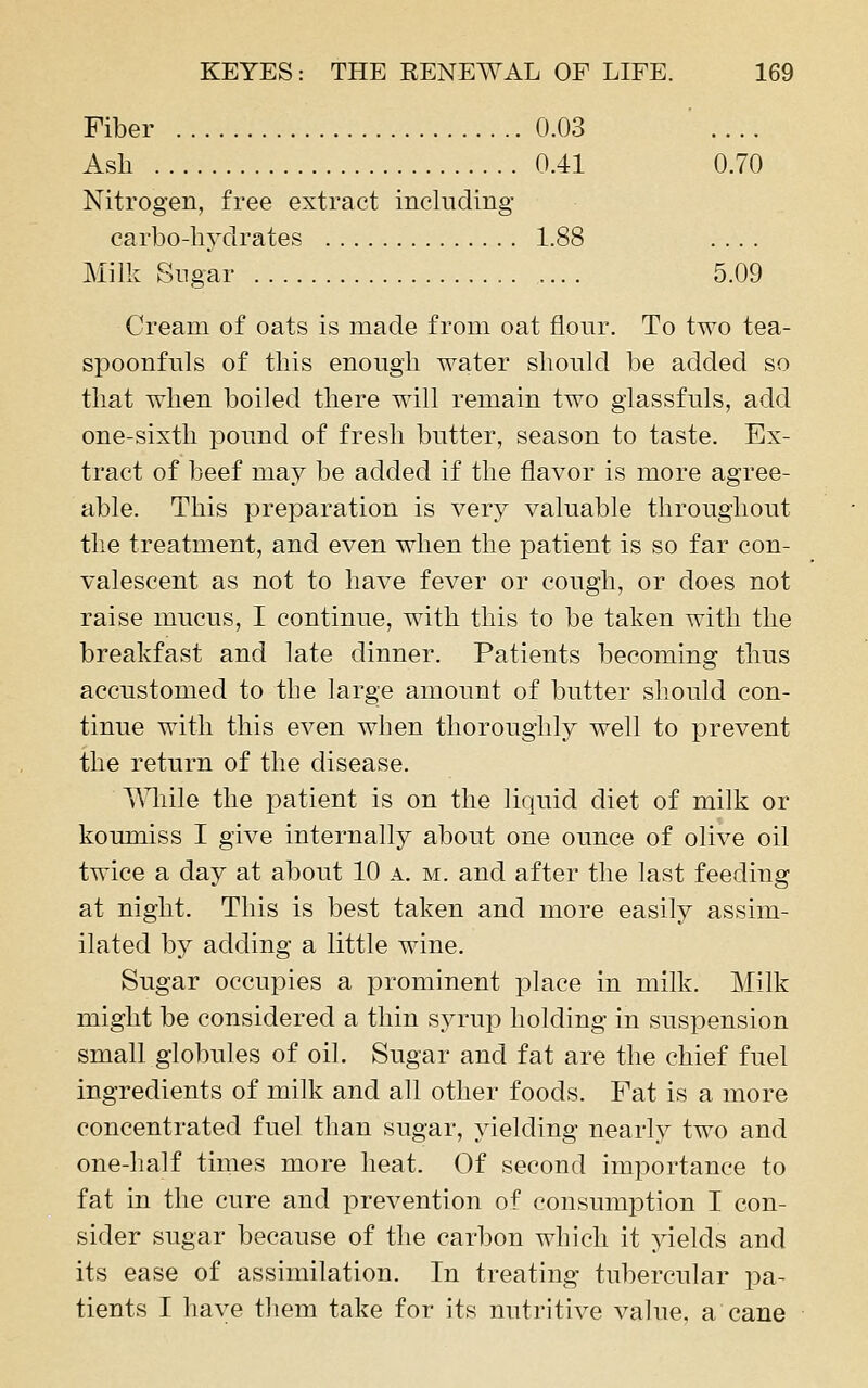 Fiber 0.03 .... Ash 0.41 0.70 Nitrogen, free extract including carbo-liyclrates 1.88 .... Milk Sugar 5.09 Cream of oats is made from oat fionr. To two tea- spoonfnls of this enough water should be added so that when boiled there will remain two giassfuls, add one-sixth pound of fresh butter, season to taste. Ex- tract of beef may be added if the flavor is more agree- able. This preparation is very valuable throughout the treatment, and even when the patient is so far con- valescent as not to have fever or cough, or does not raise mucus, I continue, with this to be taken with the breakfast and late dinner. Patients becoming thus accustomed to the large amount of butter should con- tinue with this even when thoroughly well to prevent the return of the disease. AAliile the patient is on the liquid diet of milk or koumiss I give internally about one ounce of olive oil twice a day at about 10 a. m. and after the last feeding at night. This is best taken and more easily assim- ilated by adchng a little wine. Sugar occupies a prominent place in milk. Milk might be considered a thin syrup holding in suspension small globules of oil. Sugar and fat are the chief fuel ingredients of milk and all other foods. Fat is a more concentrated fuel than sugar, yielding nearly two and one-half times more heat. Of second importance to fat in the cure and prevention of consumption I con- sider sugar because of the carbon which it yields and its ease of assimilation. In treating tubercular pa- tients I have them take for its nutritive value, a cane