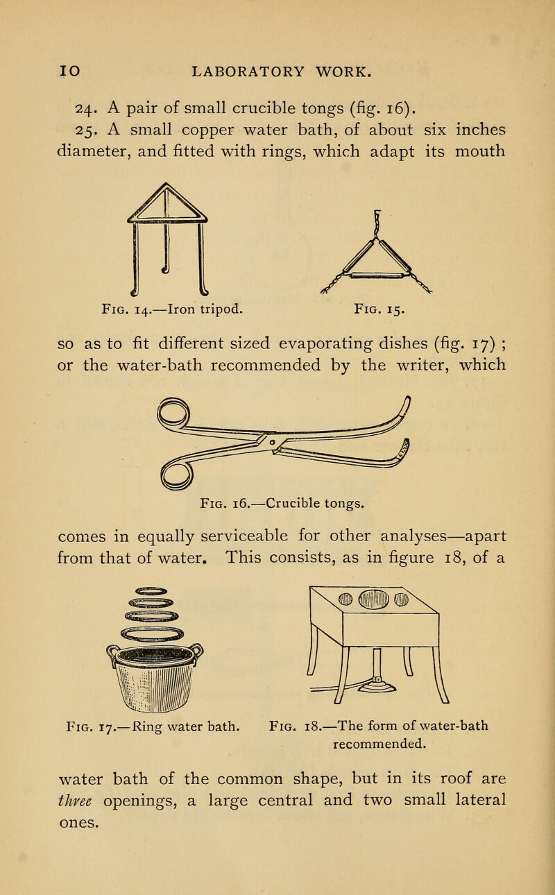 24. A pair of small crucible tongs (fig. 16). 25. A small copper water bath, of about six inches diameter, and fitted with rings, which adapt its mouth Fig. 14.—Iron tripod. Fig. 15. so as to fit different sized evaporating dishes (fig. 17) ; or the water-bath recommended by the writer, which Fig. 16.—Crucible tongs. comes in equally serviceable for other analyses—apart from that of water. This consists, as in figure 18, of a Fig. 17.—Ring water bath. Fig. 18.—The form of water-bath recommended. water bath of the common shape, but in its roof are three openings, a large central and two small lateral ones.