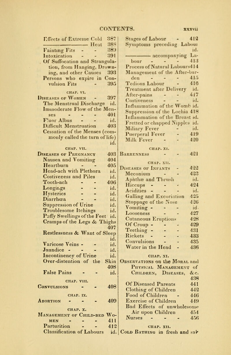 rfTccts of Extreme Cold 387 Heat 38S Fainting Fits - - 389 Intoxication - - 391 Of Suffocation and Strangula- tion, from Hanging, Drown- ing, and other Causes 393 Persons who expire in Con- vulsion Fits - 395 CHAP. VI. Diseases of Women - 397 The Menstrual Discharge id. Immoderate Flow of the Men- ses - - - 401 Fluor Albus - - id. Difficuk Menstruation 403 Cessation of the Menses (com- monly called the turn of life) id. CHAP. VII. Diseases of Pregnancy 403 Nausea and Vomiting 404 Heartburn - - 405 Hcad-ach with Plethora id. Costiveness and Piles id. Tooth-ach - - 406 Longiijgs - - id. Hysterics - - id. Diarrhoea - - id. Suppression of Urine id. Troublesome Itchings id. Pufty Swellings of the Feet id. Cramps of the Legs «Sc Thighs 407 Restlessness &. Want of Sleep id. Varicose Veins - - id. Jaundice - - - id. Incontinency of Urine id. Over-distention of the Skin 408 False Pains - - id. chap. viii. Convulsions - - 408 CHAP. IX. Abortion - - - 409 CHAP. X. Management of Child-bed Wo- men - - - 411 Parturition - - 412 Classification of Labours id. Stages of Labour - 412 Symptoms preceding LaVioui id. accompanying La- bour - - - 413 Process of Natural Labours414 Management of the After-bur- den - - - 415 Tedious Labour - 416 Treatment after Delivery id. After-pains - - 417 Costiveness - - id. Inflammation of the Womb id. Suppression of the Lochia 418 Inflammation of the Breast id. Fretted or chapped Nipples id. Miliary Fever - id. Puerperal Fever - 419 Milk Fever - - 420 CHAP. XI. Barrenness - 421 CHAP. XII. Diseases of Infants - 422 Meconium - 423 Aphthae and Thrush id. Hiccups ' 424 Acidities - - id. Galling and Excori; ition 4-25 Stoppage of the Noi •e 426 Vomiting - - id. Looseness - 427 Cutaneous Eruptions 428 Of Croup - _ 429 Teething - - 431 Rickets - 433 Convulsions - 435 Water in the Head - 436 CHAP. XX. Observations on the Moral and Physical Management of Children, Diseases, &c. 438 Of Diseased Parents 441 Clothing of Children 442 Food of Children - 446 Exercise of Children 419 Bad Effects of unwholesome Air upon Children 454 Nurses - - _ 456 CHAP. XII. Cold Bathing in fresh and sa^