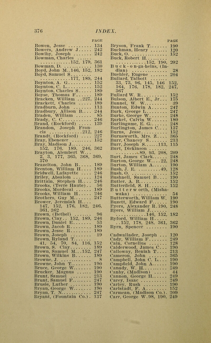 PAGE Bowen, Jesse 134 Bowers, Andrew J 242 Bowlby, Joseph 242 Bowman, Charles 152, 179, 361 Bowman, D 130 Boyd, John M..146, 152, 182 Boyd, Samuel S , 177, 189, 244 Boynton, A. G 152 Boynton, C. L 152 Boynton, Charles S 189 Boyse, Thomas F 189 Bracken, William ..227, 244 Brackett, Charles 189 Bradburn, John 113 Bradbury, Allison B.. . . 244 Braden, William 85 Brady, C. C 246 Brand. (Rockford) 139 Brandon, Joseph Fran- cis 212, 246 Brandt, (Rockford) .... 227 Bray, Ebenezer 152 Bray, Madison J 152, 176, 189, 246, 362 Brayton, Alembert W.. . 2, 3, 177, 365, 368, 369, 370 Brazelton, John B 189 Brenton, William H 189 Bridwell, Lafayette 246 Briley, Absalom 124 Brittain, Stephen H 246 Brooks, (Terre Haute) . . 56 Brooks, Mordecai 189 Brooks, William H 246 Brothers, Guy M 247 Brower, Jeremiah H.. . . 147, 152, 176, 182, 246, 361, 362 Brown, (Bethel) 96 Brown, Clay. . 152, 189, 246 Brown, Daniel E 53 Brown, Jacob R 189 Brown, Jesse R 189 Brown, Joseph . 19 Brown, Ryland T 41, 54, 70, 84, 116, 152 Brown, S. Clay 189 Brown, Samuel M. ..152, 247 Brown, Wilkins B 189 Browne, J 8 Browne, John T 190 Bruce, George W 190 Brucker, Ma2:nus 190 Brunt, Samuel 213 Brunt, Samuel F 247 Brusie, Luther 190 Brvan. George W 190 Bi-yan, T. N 247 Bryant, (Fountain Co.). 3 37 PAGE Bryson, Frank T 190 Buchman, Henry 120 Buck, O 152 Buck, Robert H . . . 152, 190, 202 B u c k - o n-ga-helas, (In- dian) . 28 Buehler, Eugene 204 Bullard, Talbott 33, 73, 96, 145, 146 152, 164, 176, 178, 182, 247, 367 Bullard W.R 152 Bulson, Albert E., Jr. . . 175 Bunnel, W. W 39 Bunton, Edwin A 247 Burk, George L 247 Burke, George W 248 Burket, Calvin W 180 Burlingame, E. G 248 Burlington, James C.. . . 137 Burns, Jesse 152 Burnsworth, Mrs. Z. . . . 365 Burr, Chancey S 213 Burr, Joseph S 113, 115 Burt, Dickinson .89, 93, 208, 209 Burt, James Clark...... 248 Burton, George W 22, 248 Burton, William A 190 Bush, J. E 49, 128 Bush. O. 152 Bushnell, Samuel B.... 190 Butler, A. B 152 Butterfleld, S. H 152 B u 11 e r w orth, (Misha- waka) 54 Butterworth, William W. 190 Buzett, Edward F 190 Eyers, Alexander R.190, 248 Byers, William J 146, 152, 182 Byford, William H . .152, 178, 248, 361, 362 Byrn, Spencer 190 Cadwallader, Joseph .. . 120 Cady, William F 249 Cain, Cornelius 128 Calderwood, James C... 190 Calloway, Beniah T 213 Cameron, John 365 Campbell, John C. L 190 Campfield, John A 190 Canady, W. H 249 (^anby, (Madison) 44 Cannon. George H 249 Carey, Isaac 249 Carley, Rush 190 Carlstadt, F. A 152 Carmean, (Madison Co.). 209 Carr, George W.98, 190, 249