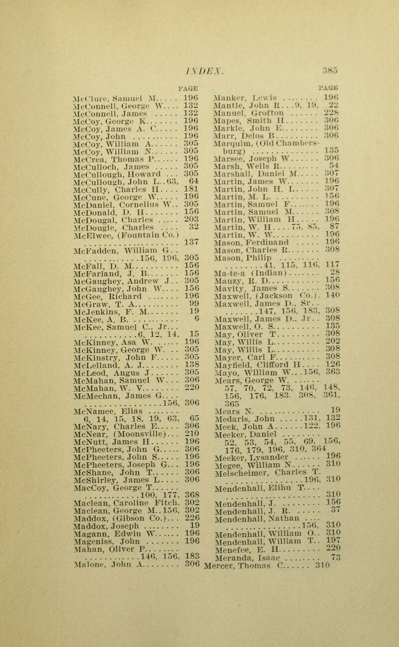 PAGE .McClurc, SaiuiK'l M 196 McConnell, Geoi'gu W.. .. 132 McConnoll, James 132 McCoy, Georgf.' K 196 McCoy, James A. (J 196 McCoy, John 196 McCoy, William A 305 McCoy, William N 305 McCrea, Tliomas I' 196 McCulloch, James 305 McCullougli, Howard .. . 305 McCullough, John L.. 63, 64 McCully, Charles II 181 McCune, George W 196 McDaniel, Cornelius W.. 305 McDonald, D. H 156 McDougal, Charles 203 McDougle, Charles .... 32 McElwee, (Fountain Co.) 137 McFadden, William G. . 156, 196, 305 McFall, D. M 156 McFarland, J. B 156 McGaughey, Andrew J . . 305 McGaughey, John AV.. . . 156 McGee, Richard 196 McGraw, T. A 99 McJenkins, F. M 19 McKee, A. B 6 McKee, Samuel C. Jr... 6, 12, 14, 15 McKinney, Asa W 196 McKinney, George W. . . 305 McKinstry, John F 305 McLelland, A. J 138 McLeod, Angus J 305 McMahan, Samuel W. . . 306 McMahan, W. V 220 McMechan, James G.. . . 156, 306 McNamee, Elias 6, 14, 15, 18, 19, 63, 65 McNary, Charles E 306 McNear, (Moonsville).. . 210 McNutt, James H 196 McPheeters, John G 306 McPheeters, John S 196 McPheeters, Joseph G.. . 196 McShane, John T 306 McShirley, James L. . . . 306 MacCoy, George T 100, 177, 368 Maclean, Caroline Fitch. 302 Maclean, George M. .156, 302 Maddox, (Gibson Co.)... 226 Maddox, Joseph 19 Magann, Edwin W 196 Mageniss, John 196 Mahan, Oliver P 146, 156, 183 Malone, John A 306 PAGE Mankcr, Lewis 106 Mantle, John K. . .9, 19, 22 Manuel, Grofton 228 Mapes, Smith II 306 Markle, John E 306 Marr, Delos B 306 Marquim, (OldChambers- burg) 135 Marsee, Joseph W 306 Marsh, Wells K 54 Marshall, Daniel M 307 Martin, James W 196 Martin. John H. L 307 Martin, M. L 156 Martin, Samuel F 196 Martin, Samuel M 308 Martin, William II 196 Martin, W. H . . . . 75. s.,. 87 Martin, W. W 196 Mason, Ferdinand 196 Mason, Charles li 308 Mason, Philip 41. 115. 116. 117 Ma-te-a (Indian) 28 Mauzy. Pt. D 156 Mavitv. James S 308 Maxwell, (Jackson Co.). 140 Maxwell, James D.. Sr. . 147, 156. 183, 308 Maxwell, James D.. Jr. . 308 Maxwell. O. S 135 Mav. Oliver T 308 Mav, Willis L 202 May, Willis L 308 Mayer. Carl F 308 Mavfield. ClifEord H 126 Mayo, William W...156. 363 Mears, George W 57. 70. 72. 73. 146. 148, 156, 176, 183. 308. 361, 365 Mears N 19 Medaris. John 131. 132 Meek. John A 122, 196 Meeker, Daniel 52, 53, 54. 55. 69. 156, 176, 179, 196, 310, 364 Meeker, Lysander 196 Megee, William N 310 Melscheimer, Charles T. 196. 310 Mendenhall, Elihu T.. • • Mendenhali, J 156 Mendenhall, J. R •->' Mendenhall, Nathan .... 156. 310 Mendenhall, William O.. 310 Mendenhall, William T.. 19 < Menefee, E. H 220 Meranda, Isaac 73 Mercer, Thomas C 310
