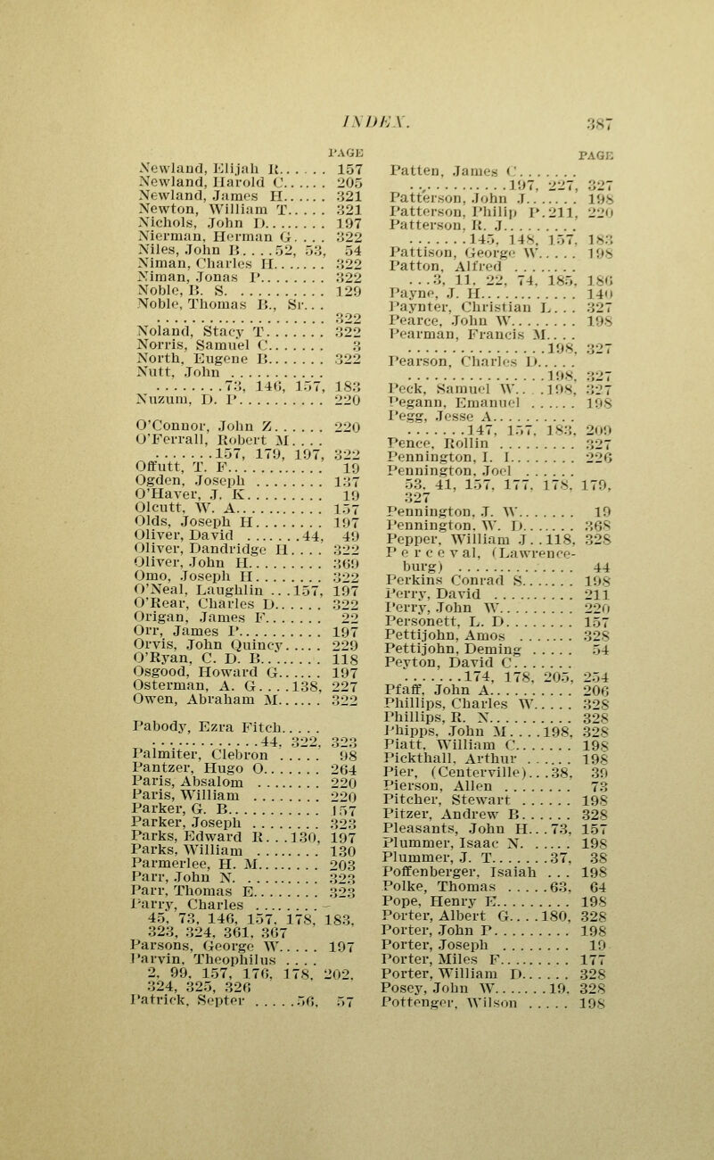 ■tnt I'AGE Xewland, Klijali K 157 Newland, Harold C 205 Newland, James H 321 Newton, William T 321 Nichols, John D 197 Niei-man, Herman G. . . . 322 Niles, John B 52, 53, 54 Niman, Charles H 322 Niraan, Jonas 1' 322 Noble, B. S 129 Noble, Thomas B., Sr.. . . . 322 . . 322 Noland, Stacy T Norris, Samuel C North, Eugene B Nutt, John 73, 146, i; Nuzum, D. I* O'Connor, John Z O'Ferrall, Robert M. . . . 157, 179, 197, Ofifutt, T. F Ogden, Joseph O'Haver, J. K Olcutt. W. A Olds. Joseph H Oliver, David 44, Oliver, Dandridge H. . . . Oliver, John H Omo, Joseph H O'Neal, Laughlin .. .157, O'Rear, Charles D Origan, James F Orr, James 1' Orvis, John Quincy O'Ryan, C. D. B Osgood, Howard G Osterman, A. G....138, Owen, Abraham M 183 220 220 302 ' 19 137 19 157 197 49 322 309 322 197 322 20 197 229 118 197 227 Pabody, Ezra Fitch 44. 322, 323 Palmiter, Clebron 98 Pantzer, Hugo 0 264 Paris, Absalom 220 Paris, William 220 Parker, G. B 157 Parker, Joseph 323 Parks, Edward R. . . 3 30, 197 Parks, William 130 Parmerlee, H. M 203 Parr, John N 323 Parr, Thomas E 323 Parry, Charles - 45, 73, 146, 157. 178, 183, 323, .324, 361, 367 Parsons, George W 197 Parvin. Theophilus .... 2, 99. 157, 176, 178, 202. 324, 325, 326 Patrick, Septer 56, 57 Patten, James C . ., 197, 227. Patterson. John J Patterson, Philijj I».211. Patterson. R. J , ;i45, 148, 157. Pattison, George W Patton, Alfred . . .3, 11. 22, 74. 185, Payne, J. H . Paynter, Christian L... Pearce, John W Pearman, Francis M.. . . 198. Pearson, Charles D ] 98, Peck, Samuel W.. . ] 98, Pegann, Emanuel I'egg, Jesse A 147, 157. 183, Pence, Rollin Pennington, I. I Pennington, Joel 53. 41, 157, 177. 178. 327 Pennington, .T. W Pennington. W. D Pepper, William J.. 118, P e r c c V al, (^Lawrence- burg) Perkins Conrad S Perry, David I'erry, John W Personett, L. D Pettijohn, Amos Pettijohn, Deming Peyton, David C 174, 178, 205, Pfaff, John A Phillips, Charles W Phillips, R. N J^hipps. John M . . . . 198. Piatt. William C Pickthall. Arthur Pier, (Centerville)... 38, Pierson, Allen Pitcher, Stewart Pitzer, Andrew B Pleasants, John H.. . 73, Plummer, Isaac N Plummer, J. T 37, Poffenberger, Isaiah . . . Polke, Thomas 63, Pope, Henry E Porter, Albert G.. . . 180, Porter, John P Porter, .Joseph Porter, Miles F Porter. William r> Posey, John W 19, Pottenger, Wilson PAGK 327 198 220 183 198 186 140 327 198 198 209 327 226 179, 19 368 328 44 198 211 220 157 328 54 254 206 328 328 328 198 198 39 73 198 328 157 198 38 198 64 198 328 198 19 177 328 328 198