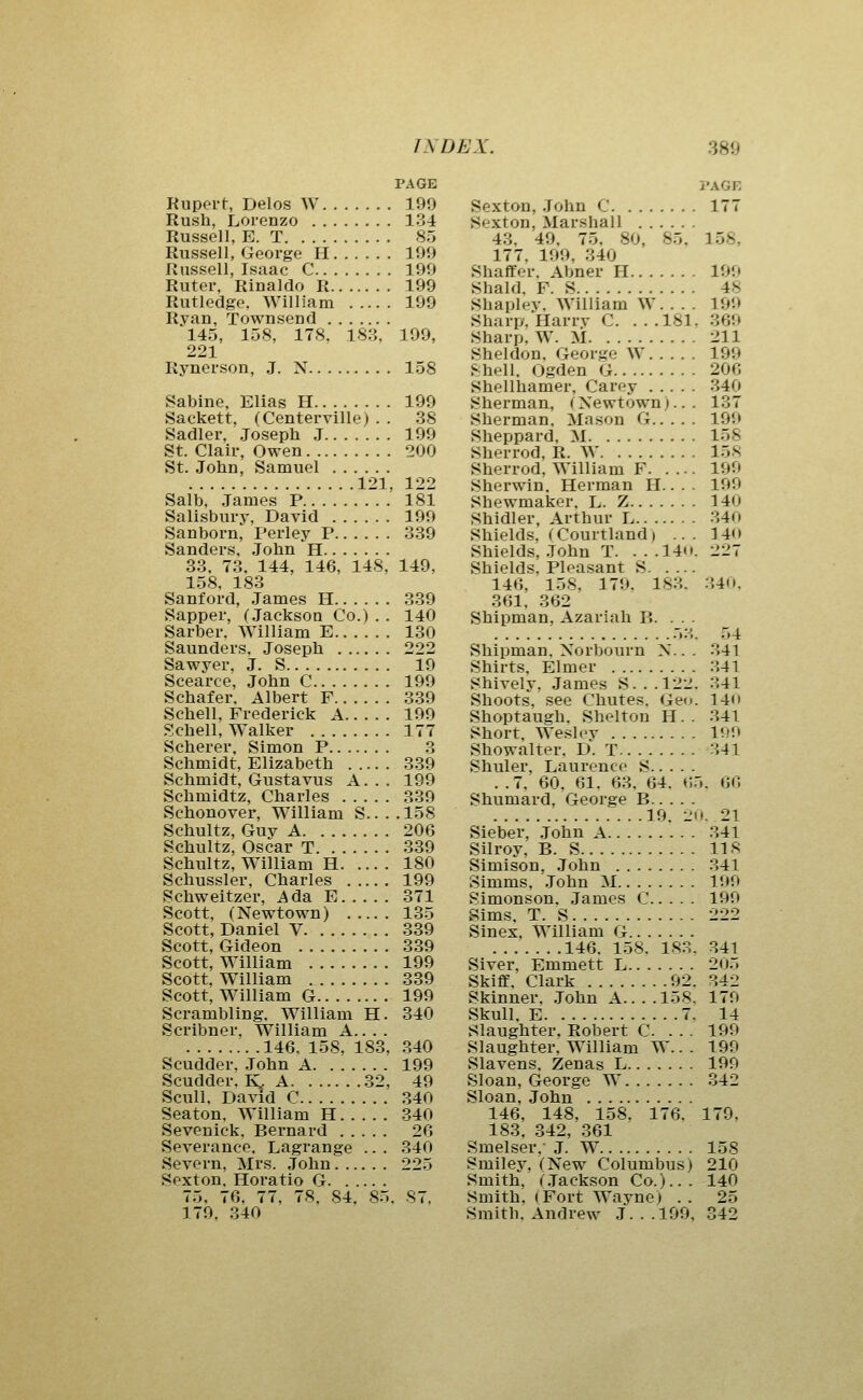PAGE Kiipei-t, Delos W 199 Rush, Lorenzo 134 Russell, E. T 85 Russell, George H 199 Russell, Isaac C 199 Ruter, Rinaldo R 199 Rutledge, William 199 Ryan, Townsend 145, 158, 178, 183. 199, 221 Rynerson, J. N 158 Sabine, Elias H 199 Sackett, (Centerville) . . 38 Sadler, Joseph J 199 St. Clair, Owen 200 St. John, Samuel 121, 122 Salb, James P 181 Salisbury, David 199 Sanborn, Perley P 339 Sanders. John H 33. 73. 144, 146, 148. 149, 158, 183 Sanford, James H 339 Sapper, (Jackson Co.) .. 140 Sarber. William E 130 Saunders. Joseph 222 Sawyer, J. S 19 Scearce, John C 199 Schafer. Albert F 339 Schell, Frederick A 190 Schell, Walker 177 Scherer, Simon P 3 Schmidt, Elizabeth 339 Schmidt, Gustavus A. . . 199 Schmidtz, Charles 339 Schonover, William S....i58 Schultz, Guv A 206 Schultz, Oscar T 339 Schultz, W^illiam H 180 Schussler, Charles 199 Schweitzer, i^da E 371 Scott, (Newtown) 135 Scott, Daniel V 339 Scott, Gideon 339 Scott, William 199 Scott, William 339 Scott, William G 199 Scrambling. William H. 340 Scribner, William A.... 146, 158, 183, 340 Scudder, .John A 199 Scudder. K. A 32. 49 Scull. David C 340 Seaton, William H 340 Sevenick. Bernard 26 Severance. Lagrange .. . 340 Severn, Mrs. John 225 Sexton. Horatio G 75. 76. 77, 78, 84. 85. 87. 179, 340 Sexton, John C Sexton, Marshall 43, 49, 75. 80, 85. 177. 199, 340 Shaffer. Abner H Shald. F. S Shaplev. William W. . . . Sharp, Harrv C. . . .181. Sharp, W. M Sheldon. George W Shell. Ogden G Shellhamer, Carey Sherman, (Newtown).. . Sherman. Mason G Sheppard. M Sherrod, R. W Sherrod, William F Sherwin. Herman H.. . . Shewmaker. L. Z Shidler, Arthur L Shields, (Courtland) .. . Shields, .John T. . . .14tt. Shields. Pleasant S 146, 158, 179. 183. 361. 362 Shipman, Azariah B. . . . '*'■'>. Shipman. Norbourn N.. . Shirts. Elmer Shively, James S...122. Shoots, see Chutes. Geo. Shoptaugh. Shelton H.. Short. Wesley Showalter. D. T Shuler, Laurence S . .7, 60, 61. 63. 64. t;.! Shumard, George B 19. ::i Sieber, .John A Silroy, B. S Simison, John Simms, .John M Simonson. James C Sims. T. S Sinex, William G 146. 158. 183, Siver, Emmett L Skiff. Clark 92. Skinner. .John A.... 158. Skull. E 7. Slaughter, Robert C. . . . Slaughter, William W.. . Slavens. Zenas L Sloan, George W Sloan, John 146, 148, 158. 176. 183, 342, 361 Smelser,' J. W Smiley, (New Columbus) Smith, (.Jackson Co.)... Smith. (Fort Wavne) .. Smith. Andrew J. . .199, PAGE . 177 158, 199 48 199 360 211 199 206 340 137 199 158 1.58 199 199 140 340 140 :Uu. 54 341 341 341 14n 341 l<t!i 341 i. y'}(> ». 21 .341 118 341 199 199 222 841 205 170 14 199 199 199 342 179, 158 210 140 25 342