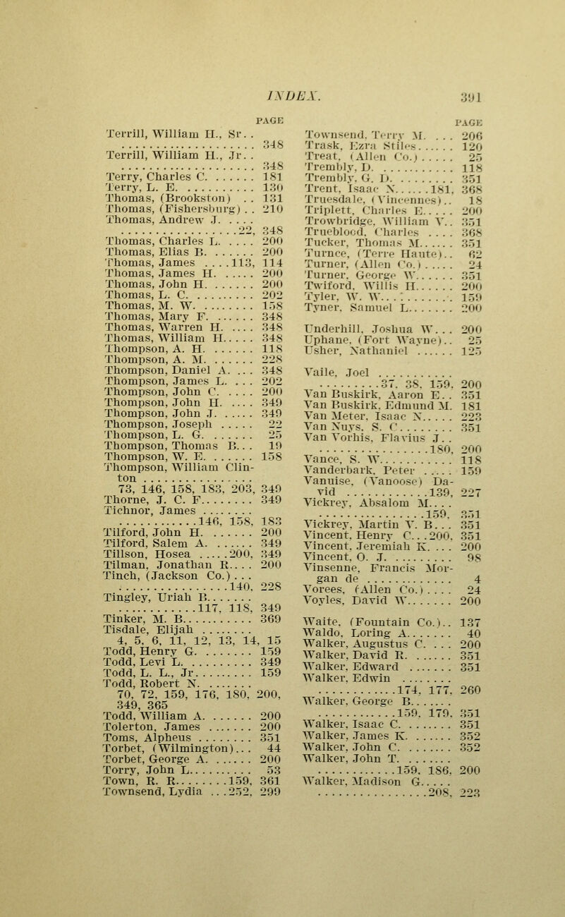 PAGE Ten-ill, William 11., Sr. . 348 Ten-ill, William II., Jr. . 348 Terry, Charles C 181 Terry, L. E 130 Thomas, (Brookstonj . . 131 Thomas, (Fishersburg) . . 210 Thomas, Andrew J 22, 348 Thomas, Charles L 200 Thomas, Ellas B 200 Thomas, James ....113, 114 Thomas, James H 200 Thomas, John H 200 Thomas, L. C 202 Thomas, M. W 158 Thomas, Mary F 348 Thomas, Warren H 348 Thomas, William IT 348 Thompson, A. H 118 Thompson, A. M 228 Thompson, Daniel A 348 Thompson, James L. . . . 202 Thompson, John C 200 Thompson, John II 349 Thompson, John J 349 Thompson, Joseph 22 Thompson, L. G 25 Thompson, Thomas B.. . 19 Thompson, W. E 158 Thompson, William Clin- ton 73, 146, 158, 183, 203, 349 Thorne, J. C. F 349 I'ichnor, James 146, 158, 183 Tilford, John H 200 Tilford, Salem A 349 Tillson, Hosea 200, 349 Tilman, Jonathan R.... 200 Tinch, (Jackson Co.) . . . 140, 228 Tingley, Uriah B 117. 118, 349 Tinker, M. B 369 Tisdale, Elijah 4, 5. 6, 11, 12, 13, 14, 15 Todd, Henry G 159 Todd, Levi L 349 Todd, L. L., Jr 159 Todd, Robert N 70, 72, 159, 176, 180, 200, 349 365 Todd, William A 200 Tolerton, James 200 Toms, Alpheus 351 Torbet, (Wilmington)... 44 Torbet, George A 200 Torry, John L 53 Town, R. R 159, 361 Townsend, Lydia ...252, 299 PAGE Townsend. Tr-rry M. ... 206 Trask. Ezra Sti'lt-s 120 Treat. (Allen Co..» 25 Trembly, D 118 Trembly. G. D 351 Trent, Isaac X 181. 368 Truesdale, ( \'incennes).. 18 Triplett. Charles E 200 Trowbridge. William V.. 351 Trueblood. Charles .... 368 Tucker, Thomas M .351 Turnce, fTerre Haute).. 62 Turnei-, (Allen Co.i 24 Turner. George W. 351 Twiford. Willis II 200 Tyler. W. W.. . . 159 Tyner. Samuel L 200 Underbill. Joshua W... 200 Uphane. (Fort Wayne).. 25 Usher, Nathaniel 125 Vaile, Joel 37. 38. 159. 200 Van Buskirk. Aaron E. . 351 Van Buskirk. Edmund M. 181 Van Meter. Isaac X 223 Van Xuys. S. C 351 Van Voi'his, Flavins J.. 180, 200 Vance. S. W 118 Vanderbark. Peter 159 Vanuise. (Vanoo.se) Da- vid 139, 227 Vickrev. Absalom M.. . . 159. 351 Vickrey. Martin V. B. . . 351 Vincent, Henry C...200. 351 Vincent. Jereraiah K. .. . 200 Vincent, O.J 98 Vinsenne. Francis Mor- gan de 4 Vorees. (Allen Co.).... 24 Voyles, David W...... . 200 Waite. (Fountain Co.).. 137 Waldo, Loring A 40 Walker, Augustus C. . . . 200 Walker. David R 351 Walker. Edward 351 Walker, Edwin 174, 177, 260 Walker, George B 159. 179. 351 Walker. Isaac C 351 Walker. .Tames K 352 Walker. John C 352 Walker, John T 159. 186, 200 AValker, Madison G 208, 223