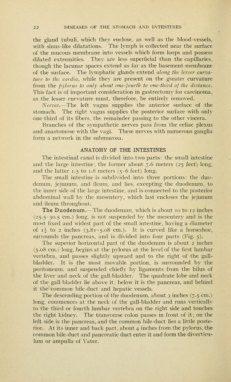 the gland tubuli, which they enclose, as well as the blood-vessels, with sinus-like dilatations. The lymph is collected near the surface of the mucous membrane into vessels which form loops and possess dilated extremities. They are less superficial than the capillaries, though the lacunar spaces extend as far as the basement-membrane of the surface. The lymphatic glands extend along the lesser curva- ture to the cardia, while they are present on the greater curvature from the pylorus to only about one-fourth to one-third of the distance. This fact is of important consideration in gastrectomy for carcinoma, as the lesser curvature must, therefore, be entirely removed. Nerves.—The left vagus supplies the anterior surface of the stomach. The right vagus supplies the posterior surface with only one-third of its fibers, the remainder passing to the other viscera. Branches of the S3^mpathetic nerves pass from the celiac plexus and anastomose with the vagi. These nen,^es with numerous ganglia form a network in the submucosa. ANATOMY OF THE INTESTINES The intestinal canal is divided into two parts: the small intestine and the large intestine; the former about 7.6 meters (25 feet) long, and the latter 1.5 to 1.8 meters (5-6 feet) long. The small intestine is subdivided into three portions: the duo- denum, jejunum, and ileum, and lies, excepting the duodenum, to the inner side of the large intestine, and is connected to the posterior abdominal wall by the mesenter}^, which last encloses the jejunum and ileum throughout. The Duodenum.—The duodenum, which is about 10 to 12 inches (25.5-30.5 cm.) long, is not suspended by the mesentery and is the most fixed and widest part of the small intestine, having a diameter of 11 to 2 inches (3.81-5.08 cm.). It is curved like a horseshoe, surrounds the pancreas, and is divided into four parts (Fig. 5). The superior horizontal part of the duodenum is about 2 inches (5.08 cm.) long, begins at the pylorus at the level of the first lumbar vertebra, and passes slightly upward and to the right of the gall- bladder. It is the most movable portion, is surrounded by the peritoneum, and suspended chiefly by ligaments from the hilus of the liver and neck of the gall-bladder. The quadrate lobe and neck of the gall-bladder lie above it; below it is the pancreas, and behind it the common bile-duct and hepatic vessels. The descending portion of the duodenum, about 3 inches (7.5 cm.) long, commences at the neck of the gall-bladder and runs vertically to the third or fourth lumbar vertebra on the right side and touches the right kidney. The transverse colon passes in front of it; on the left side is the pancreas, and the common bile-duct lies a little poste- rior. At its inner and back part, about 4 inches from the pylorus, the common bile-duct and pancreatic duct enter it and form the diverticu- lum or ampulla of Vater.