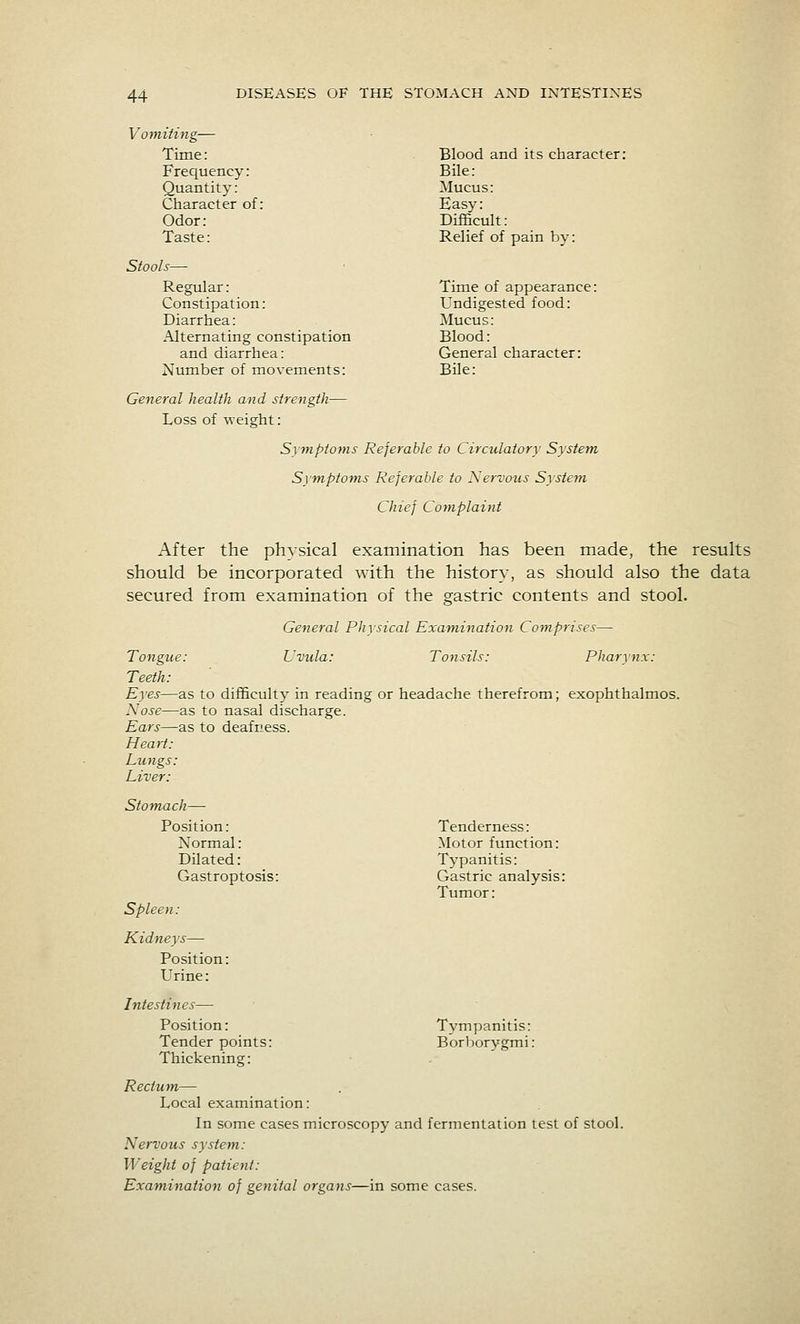 Vomiting— Time : Frequency: Quantity: Character of: Odor: Taste: Stools— Regular: Constipation: Diarrhea: Alternating constipation and diarrhea: Number of movements: Blood and its character: Bile: Mucus: Easy: Difficult: Relief of pain by: Time of appearance: Undigested food: Mucus: Blood: General character: Bile: General health and strength— Loss of weight: Symptoms Referable to Circulatory System Symptoms Referable to Nervous System Chief Complaint After the physical examination has been made, the results should be incorporated with the history, as should also the data secured from examination of the gastric contents and stool. General Physical Exam,ination Comprises— Tongue: Uvula: Tonsils: Pharynx: Teeth: Eyes—as to difficulty in reading or headache therefrom; exophthalmos. Nose—as to nasal discharge. Ears—as to deafness. Heart: Lungs: Liver: Tenderness: Motor function: Typanitis: Gastric analysis: Tumor: Stomach— Position: Normal: Dilated: Gastroptosis: Spleen: Kidneys— Position: Urine: Intestines— Position: Tender points: Thickening: Rectum— Local examination: In some cases microscopy and fermentation test of stool. Nervous system: Weight of patient: Examination of genital organs—in some cases. Tympanitis: Borborygmi:
