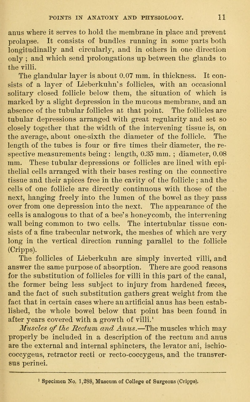 anus where it serves to hold the membrane in place and prevent prolapse. It consists of bundles running in some parts both longitudinally and circularly, and in others in one direction only ; and which send prolongations up between the glands to the villi. The glandular layer is about 0.07 mm. in thickness. It con- sists of a layer of Lieberkuhn's follicles, with an occasional solitary closed follicle below them, the situation of which is marked by a slight depression in the mucous membrane, and an absence of the tubular follicles at that point. The follicles are tubular depressions arranged with great regularity and set so closely together that the width of the intervening tissue is, On the average, about one-sixth the diameter of the follicle. The length of the tubes is four or five times their diameter, the re- spective measurements being: length, 0.35 mm. ; diameter, 0.08 mm. These tubular depressions or follicles are lined with epi- thelial cells arranged with their bases resting on the connective tissue and their apices free in the cavity of the follicle ; and the cells of one follicle are directly continuous with those of the next, hanging freely into the lumen of the bowel as they pass over from one depression into the next. The appearance of the cells is analogous to that of a bee's honeycomb, the intervening wall being common to two cells. The intertubular tissue con- sists of a fine trabecular network, the meshes of which are very long in the vertical direction running parallel to the follicle (Cripps). The follicles of Lieberkuhn are simply inverted villi, and answer the same purpose of absorption. There are good reasons for the substitution of follicles for villi in this part of the canal, the former being less subject to injury from hardened faeces, and the fact of such substitution gathers great weight from the fact that in certain cases where an artificial anus has been estab- lished, the whole bowel below that point has been found in after years covered with a growth of villi.1 Muscles of the Rectum and Anus.—The muscles which may properly be included in a description of the rectum and anus are the external and internal sphincters, the levator ani, ischio- coccygeus, retractor recti or recto-coccygeus, and the transver- sus perinei. 1 Specimen No. 1,288, Museum of College of Surgeons (Cripps).