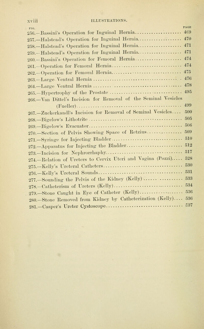 FIG. PAGE 256.—Bassini's Operation for Ing-uinal Hernia 469 257.—Halstead's Operation for Inguinal Hernia 470 258.—Halstead's Operation for Inguinal Hernia 471 259.—Halstead's Operation for Inguinal Hernia 471 260.—Bassini's Operation for Femoral Hernia 474 261.—Operation for Femoral Hernia 474 262.—Operation for Femoral Hernia 475 263.—Large Ventral Hernia • 476 264.—Large Yentral Hernia 478 265.—Hypertrophy of the Prostate 495 266.—Van Dittel's Incision for Piemoval of the Seminal Vesicles (Fueller) 499 267.—Zuckerkandl's Incision for Removal of Seminal Vesicles 500 268.—Bigelow's Lithotrite - 505 269.—Bigelow's Evacuator 506 270.—Section of Pelvis Showing Space of Eetzius 509 271.—Syringe for Injecting Bladder 510 272.—Apparatus for Injecting the Bladder 512 273.—Incision for Nephrorrhaphy 517 274.—Relation of Ureters to Cervix Uteri and Vagina (Pozzi)..... 528 275.—Kelly's Ureteral Catheters 530 276.—Kelly's Ureteral Sounds 531 277._Sounding the Pelvis of the Kidney (Kelly) 538 278.—Catheterism of Ureters (Kelly) 534 279.—Stone Caught in Eye of Catheter (Kelly) 536 280.—Stone Removed from Kidney by Catheterization (Kelly).... 536 281.—Casper's Ureter Cystoscope 537