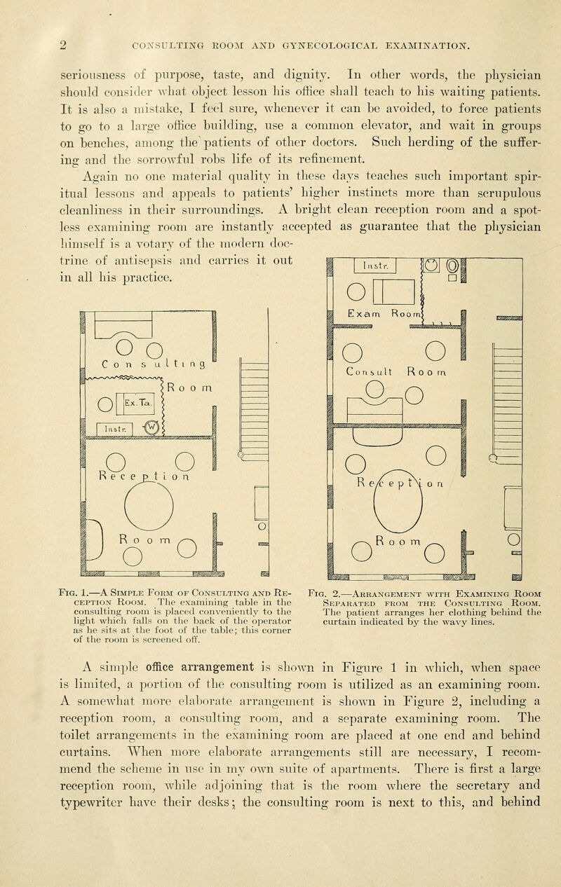 seriousness of purpose, taste, and dignity. In other words, the physician should consider what object lesson his office shall teach to his waiting patients. It is also a mistake, I feel sure, whenever it can be avoided, to force patients to go to a large office building, use a common elevator, and wait in groups on benches, among the patients of other doctors. Such herding of the suffer- ing and the sorrowful robs life of its refinement. Again no one material quality in these days teaches such important spir- itual lessons and appeals to patients' higher instincts more than scrupulous cleanliness in their surroundings. A bright clean reception room and a spot- less examining room are instantly accepted as guarantee that the physician himself is a votary of the modern doc- trine of antisepsis and carries it out in all his practice. O O, Con s LiLting Room nece ptior O Fig. 1.—A Simple Form of Consulting and Re- ception Room. The examining table in the consulting room is placed conveniently to the light which falls on the back of the operator as he sits at the foot of the table; this corner of the room is screened off. Fig. 2.—Arrangement with Examining Room Separated from the Consulting Room. The patient arranges her clothing behind the curtain indicated by the wavy lines. A simple office arrangement is shown in Figure 1 in which, when space is limited, a portion of the consulting room is utilized as an examining room. A somewhat more elaborate arrangement is shown in Figure 2, including a reception room, a consulting room, and a separate examining room. The toilet arrangements in the examining room are placed at one end and behind curtains. When more elaborate arrangements still are necessary, I recom- mend the scheme in use in my own suite of apartments. There is first a large reception room, while adjoining that is the room where the secretary and typewriter have their desks j the consulting room is next to this, and behind