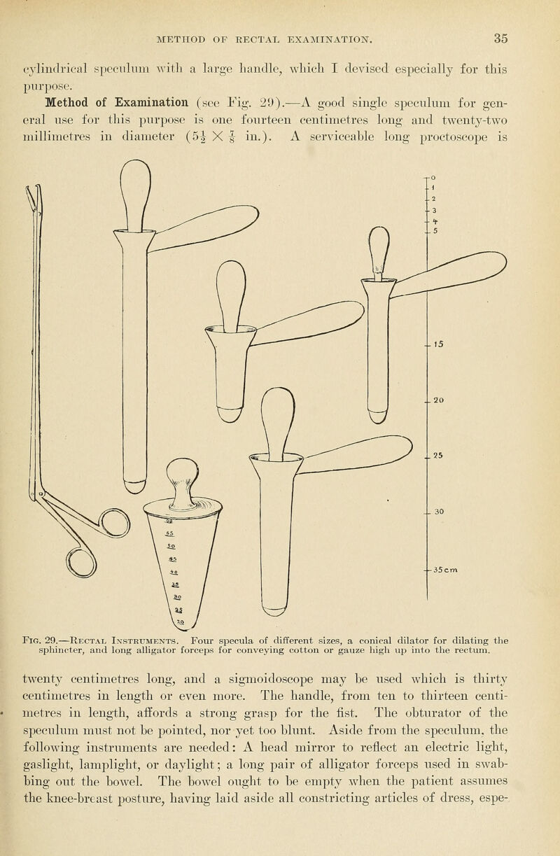eylindrical speculum with a large handle, which I devised especially for this purpose. Method of Examination (see i'ig. 29).—A good single speculum for gen- eral use for this purpose is one fourteen centimetres long and twenty-two millimetres in diameter (5^ X f in.). A serviceable long proctoscope is Fig. 29.—Rectal Instruments. Four specula of different sizes, a conical dilator for dilating the sphincter, and long alligator forceps for conveying cotton or gauze high up into the rectum. twenty centimetres long, and a sigmoidoscope may be used which is thirty centimetres in length or even more. The handle, from ten to thirteen centi- metres in length, affords a strong grasp for the fist. The obturator of the speculum must not be pointed, nor yet too blunt. Aside from the speculum, the following instruments are needed: A head mirror to reflect an electric light, gaslight, lamplight, or daylight; a long pair of alligator forceps used in swab- bing out the bowel. The bowel ought to be empty when the patient assumes the knee-breast posture, having laid aside all constricting articles of dress, espe-