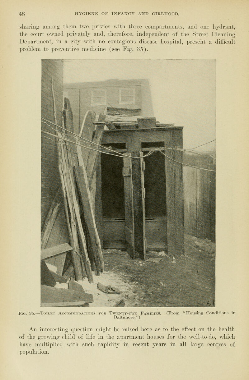 sharing among them two privies with three compartments, and one hydrant, the court owned privately and, therefore, independent of the Street Cleaning- Department, in a city with no contagions disease hospital, present a difficult problem to preventive medicine (see Fig. 35). Fig. 35.—Toilet Accommodations for Twenty-two Families. (From Housing Conditions in Baltimore.) An interesting question might be raised here as to the effect on the health of the gTowing child of life in the apartment houses for the well-to-do, which have multiplied with such rapidity in recent years in all large centres of population.