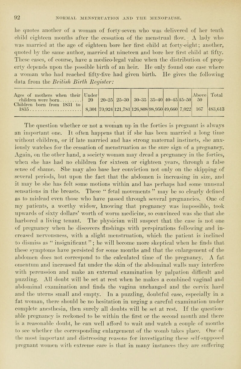 lie quotes another of a Avoman of forty-seven who was delivered of her tenth child eighteen months after the cessation of the menstrual flow. A lady who was married at the age of eighteen bore her first child at forty-eight; another, quoted by the same author, married at nineteen and bore her first child at fifty. These cases, of course, have a medico-legal value when the distribution of prop- erty depends upon the possible birth of an heir. He only found one case where a woman who had reached fifty-five had given birth. Pie gives the following data from the British Birth Register: Ages of mothers when their children were born Under 20 8,301 20-25 70,924 25-30 121,781 30-35 126,808 35-40 98,950 40-45 49,660 45-50 7,022 Above 50 167 Total Children born from 1831 to 1835 483,613 The question whether or not a woman up in the forties is pregnant is always an important one. It often happens that if she has been married a long time without children, or if late married and has strong maternal instincts, she anx- iously watches for the cessation of menstruation as the sure sign of a pregnancy. Again, on the other hand, a society woman may dread a pregnancy in the forties, when she has had no children for sixteen or eighteen years, through a false sense of shame. She may also base her conviction not only on the skipping of several periods, but upon the fact that the abdomen is increasing in size, and it may be she has felt some motions within and has perhaps had some unusual sensations in the breasts. These  fetal movements  may be so clearly defined as to mislead even those who have passed through several pregiiancies. One of my patients, a worthy widow, knowing that pregnancy was impossible, took upwards of sixty dollars' worth of worm medicine, so convinced was she that she harbored a living tenant. The physician will suspect that the case is not one of pregnancy when he discovers fiushings with perspirations following and in- creased nervousness, with a slight menstruation, which the patient is inclined to dismiss as  insignificant; he will become more skeptical when he finds that these symptoms have persisted for some months and that the enlargement of the abdomen does not correspond to the calculated time of the pregnancy. A fat omentum and increased fat under the skin of the abdominal walls may interfere with percussion and make an external examination by palpation difficult and puzzling. All doubt will be set at rest when he makes a combined vaginal and abdominal examination and finds the vagina unchanged and the cervix hard and the uterus small and empty. In a puzzling, doubtful case, especially in a fat woman, there should be no hesitation in urging a careful examination under complete anesthesia, then surely all doubts will be set at rest. If the question- able pregTianey is reckoned to be within the first or the second month and there is a reasonable doubt, he can well afford to wait and watch a couple of months to see whether the corresponding enlargement of the womb takes place. One of the most important and distressing reasons for investigating these self-supposed pregnant women with extreme care is that in many instances they are suffering