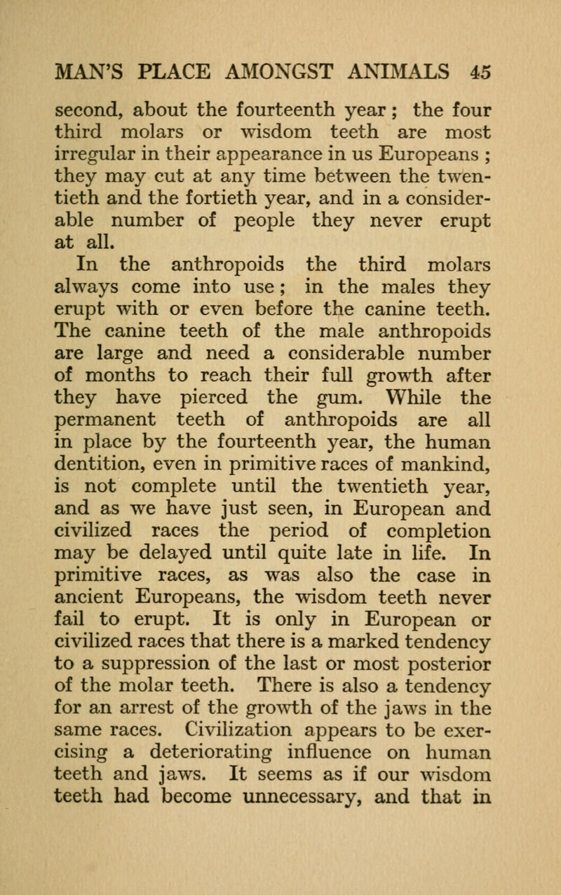 second, about the fourteenth year; the four third molars or wisdom teeth are most irregular in their appearance in us Europeans ; they may cut at any time between the twen- tieth and the fortieth year, and in a consider- able number of people they never erupt at all. In the anthropoids the third molars always come into use; in the males they erupt with or even before the canine teeth. The canine teeth of the male anthropoids are large and need a considerable nmnber of months to reach their full growi:h after they have pierced the gum. While the permanent teeth of anthropoids are all in place by the fourteenth year, the human dentition, even in primitive races of mankind, is not complete until the twentieth year, and as we have just seen, in European and civilized races the period of completion may be delayed until quite late in life. In primitive races, as was also the case in ancient Europeans, the wisdom teeth never fail to erupt. It is only in European or civilized races that there is a marked tendency to a suppression of the last or most posterior of the molar teeth. There is also a tendency for an arrest of the gro\\i:h of the jaws in the same races. Civilization appears to be exer- cising a deteriorating influence on human teeth and jaws. It seems as if our wisdom teeth had become unnecessary, and that in