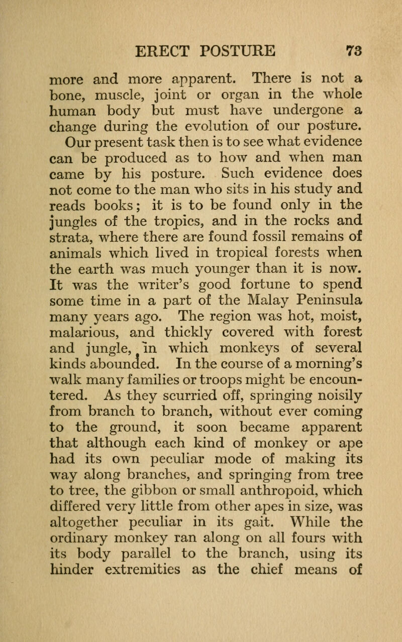 more and more apparent. There is not a bone, muscle, joint or organ in the whole human body but must have undergone a change during the evolution of our posture. Our present task then is to see what evidence can be produced as to how and when man came by his posture. Such evidence does not come to the man who sits in his study and reads books; it is to be found only in the jungles of the tropics, and in the rocks and strata, where there are found fossil remains of animals which lived in tropical forests when the earth was much younger than it is now. It was the writer's good fortune to spend some time in a part of the Malay Peninsula many years ago. The region was hot, moist, malarious, and thickly covered with forest and jungle, in which monkeys of several kinds abounded. In the course of a morning's walk many families or troops might be encoun- tered. As they scurried off, springing noisily from branch to branch, without ever coming to the ground, it soon became apparent that although each kind of monkey or ape had its own peculiar mode of making its way along branches, and springing from tree to tree, the gibbon or small anthropoid, which differed very little from other apes in size, was altogether peculiar in its gait. While the ordinary monkey ran along on all fours with its body parallel to the branch, using its hinder extremities as the chief means of