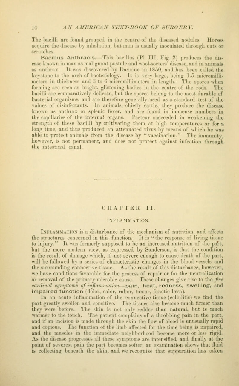 The bacilli are found ^roupeil in the centre of tlie diseaf^ed nodules. Horses acfjuire the disease by inhalation, but man is usually inoculated through cuts or scratches. Bacillus Anthracis.—This ])aeillus (Pi. 111. Fi^'. 2) produces the dis- ea.se known in man as inali;:;nant pustule and wool-sorters disease, and in animals a.s anthrax. It was discovered Ity Davaine in lHr>0, and has been called the keystone to the arch of bacteriolofry. It is very large, being 1.5 micromilli- meters in thickness and 3 to G micromillimeters in length. The spores when forming are seen as bright, glistening bodies in the centre of the rods. The bacilli are comj)aratively delicate, but the spores belong to the most durable of bacterial organisms, and are therefore generally used as a standard test of the values of disinfectants. In animals, chieHy cattle, they produce the disease known as anthra.x or splenic fever, and are found in immense numbers in the caj)illaries of the internal organs. Pasteur succeeded in weakening the strength of these bacilli by cultivating them at high temperatures or for a long time, and thus produced an attenuated virus by means of which he was able to protect animals from the disease by vaccination. The immunity, however, is not permanent, and does not protect against infection through the intestinal canal. CHAPTER II. INFLAMMATION. Inflammation is a disturbance of the mechanism of nutrition, and affects the structures concerned in this function. It is the response of living tissue to injury. It was formerly supposed to be an increased nutrition of the palt, but the more modern view, as expressed by Sanderson, is that the condition is the result of damage which, if not severe enough to cause death of the part, will be followed by a series of characteristic changes in the blood-vessels and the surrounding connective tissue. As the result of this disturbance, however, we have conditions favorable for the process of repair or for the neutralization or removal of the primary microbic cause. These changes give rise to tlie Jive cardinal HjimptoniH of inflammation—pain, heat, redness, swelling, and Impaired function (dolor, calor, rubor, tumor, functio l;csa). In an acute inflammation of the connective tissue (cellulitis) we find the part greatly swollen and sensitive. The tissues also become much firmer than they were before. The skin is not only redder than natural, but is much warmer to the touch. The patient complains of a thro]tl)ing pain in the part, and if an incision is made through the skin the flow of blood is unusually I'apid and copious. The function of the limb affected for the time being is impaired, and the muscles in the immediate neighborhood become more or less rigid. As the disease progresses all these symptoms are intensified, and finally at the point of severest pain the part becomes softer, an examination shows that fluid is collecting beneath the skin, and we recognize that suppuration has taken