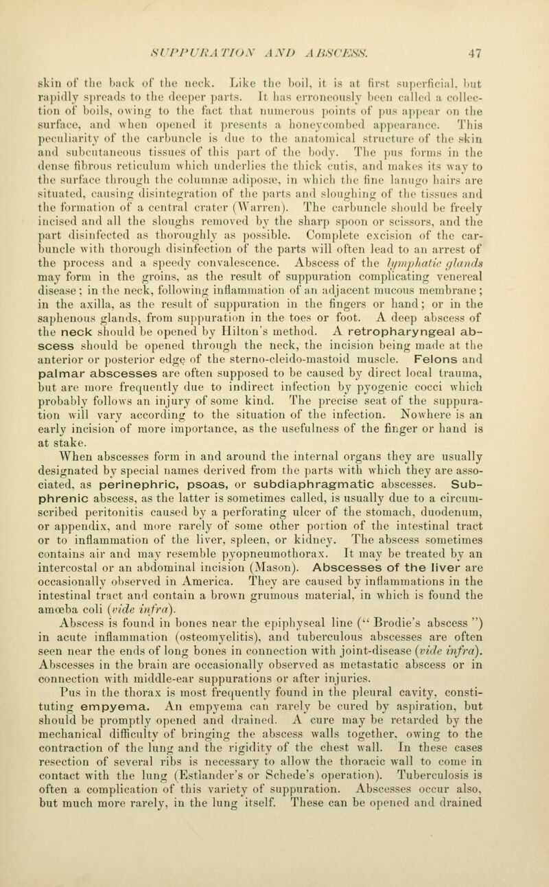 skin of the back of the neck. Like tlie ])oil, it is at first superficial, ])ut rapidly spreads to the deeper parts. It has erroneously been called a collec- tion of boils, owing to the fact that numerous points of })us a]»))ear on the surface, and when opened it ])resents a honevcond)ed appearance. This peculiarity of the carbuncle is due to the anatomical structure of the skin and subcutaneous tissues of this part of the body. The pus forms in the dense fibrous reticulum -which underlies the thick cutis, and makes its Avay to the surfiice through the columniie adipostc, in which the fine lanugo hairs are situated, causing disintegration of the parts and sloughing of the tissues and the formation of a central crater (Warren). ^Phe carbuncle should be freely incised and all the sloughs removed by the sharp spoon or scissors, and the part disinfected as thoroughly as possible. Complete excision of the car- buncle with thorough disinfection of the parts will often lead to an arrest of the process and a speedy convalescence. Abscess of the lymjjhatic glands may form in the groins, as the result of suppuration complicating venereal disease; in the neck, following inflammation of an adjacent mucous membrane; in the axilla, as the result of suppuration in the fingers or hand; or in the saphenous glands, from suppuration in the toes or foot. A deep abscess of the neck should be opened by Hilton's method. A retropharyngeal ab- scess should be opened through the neck, the incision being made at the anterior or posterior edge of the sterno-cleido-mastoid muscle. Felons and palmar abscesses are often supposed to be caused by direct local trauma, but are more frequently due to indirect infection by pyogenic cocci which probably follows an injury of some kind. The precise seat of the suppura- tion will vary according to the situation of the infection. Nowhere is an early incision of more importance, as the usefulness of the finger or hand is at stake. When abscesses form in and around the internal organs they are usually designated by special names derived from the parts with which they are asso- ciated, as perinephric, psoas, or subdiaphragmatic abscesses. Sub- phrenic abscess, as the latter is sometimes called, is usually due to a circum- scribed peritonitis caused by a perforating ulcer of the stomach, duodenum, or appendix, and more rarely of some other portion of the intestinal tract or to inflammation of the liver, spleen, or kidney. The abscess sometimes contains air and may resemble pyopneumothorax. It may be treated by an intercostal or an abdominal incision (Mason). Abscesses of the liver are occasionally observed in America. They are caused by inflammations in the intestinal tract and contain a brown grumous material, in which is found the amoeba coli {vide infra). Abscess is found in bones near the epiphyseal line ( Brodie's abscess ) in acute inflammation (osteomyelitis), and tuberculous abscesses are often seen near the ends of long bones in connection with joint-disease {vide infra). Abscesses in the brain are occasionally observed as metastatic abscess or in connection with middle-ear suppurations or after injuries. Pus in the thorax is most frequently found in the pleural cavity, consti- tuting empyema. An empyema can rarely be cured by aspiration, but should be promptly opened and drained. A cure may be retarded by the mechanical difficulty of bringing the abscess walls together, owing to the contraction of the lung and the rigidity of the chest Avail. In these cases resection of several ribs is necessary to allow the thoracic wall to come in contact with the lung (Estlander's or Schede's operation). Tuberculosis is often a complication of this variety of suppuration. Abscesses occur also, but much more rarely, in the lung itself. These can be opened and drained