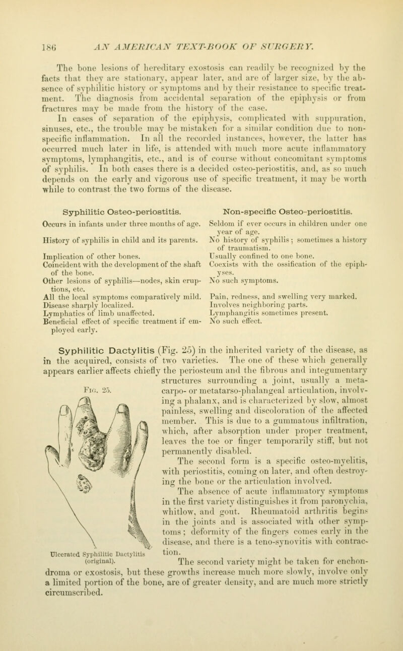The bone lesions of hereditary exostosis ean readily be reeo;^nized by the facts that they are stationary, appear later, and are of larger size, by the ab- sence of syphilitic history or symptoms and by their I'esistance to specific treat- ment. The diagnosis from accidental separation of the epiphysis or from fractures may be made from the history of the case. In cases of separation of the epiphysis, complicated with suppuration, sinuses, etc., the trouble may be mistaken for a similar condition due to non- specific inflammation. In all the recorded instances, however, the latter has occurred much later in life, is attended with much more acute inflammatory symptoms, lymphangitis, etc., and is of course without concomitant symittoms of syphilis. In l)Otli cases there is a decided osteo-periostitis, and, as so much depends on the early and vigorous use of specific treatment, it may be worth while to contrast the two forms of the disease. Syphilitic Osteo-periostitis. Occurs in infants under three montlis of age. History of syphilis in child and its parents. Implication of other bones. Coincident with the development of the shaft of the bone. Other lesions of syphilis—nodes, skin ei-up- tions, etc. All the local symptoms comparatively mild. Disease sharply localized. Lymphatics of limb unaffected. Beneficial effect of specific treatment if em- ployed early. Non-specific Osteo-periostitis. Seldom if ever occurs in children under one year of age. No histoi-y of syphilis ; sometimes a history of traumatism. Usually confined to one l)one. Coexists with the ossification of the epiph- yses. No such symptoms. Pain, redness, and swelling very marked. Involves neighboring parts. Lymphangitis sometimes present. No such effect. Fifi. 2-5. Syphilitic Dactylitis (Fig. 25) in the inherited variety of the disease, as in the acquired, consists of two varieties. The one of these which generally appears earlier affects chiefly the periosteum and the fibrous and integumentary structures surrounding a joint, usually a nieta- carpo-or metatarso-phalangeal articulation, involv- ing a phalanx, and is characterized by slow, almost painless, swelling and discoloration of the affected member. This is due to a gummatous infiltration, which, after absorption under proper treatment, leaves the toe or finger temporarily stiff, but not permanently disabled. The second form is a specific osteo-myelitis, with periostitis, coming on later, and often destroy- inec the bone or the articulation involved. The absence of acute inflanniiatory symptoms in the first variety distinguishes it from paronychia, whitlow, and gout. Rheumatoid arthritis begins in the joints and is associated with other symp- toms ; deformity of the fingers comes early in the disease, and there is a teno-synovitis with contrac- tion. The second variety might be taken for enchon- droma or exostosis, but these growths increase much more slowly, involve only a limited portion of the bone, are of greater density, and are much more strictly circumscribed. Ulcerated Syphilitic Dactylitis (original).