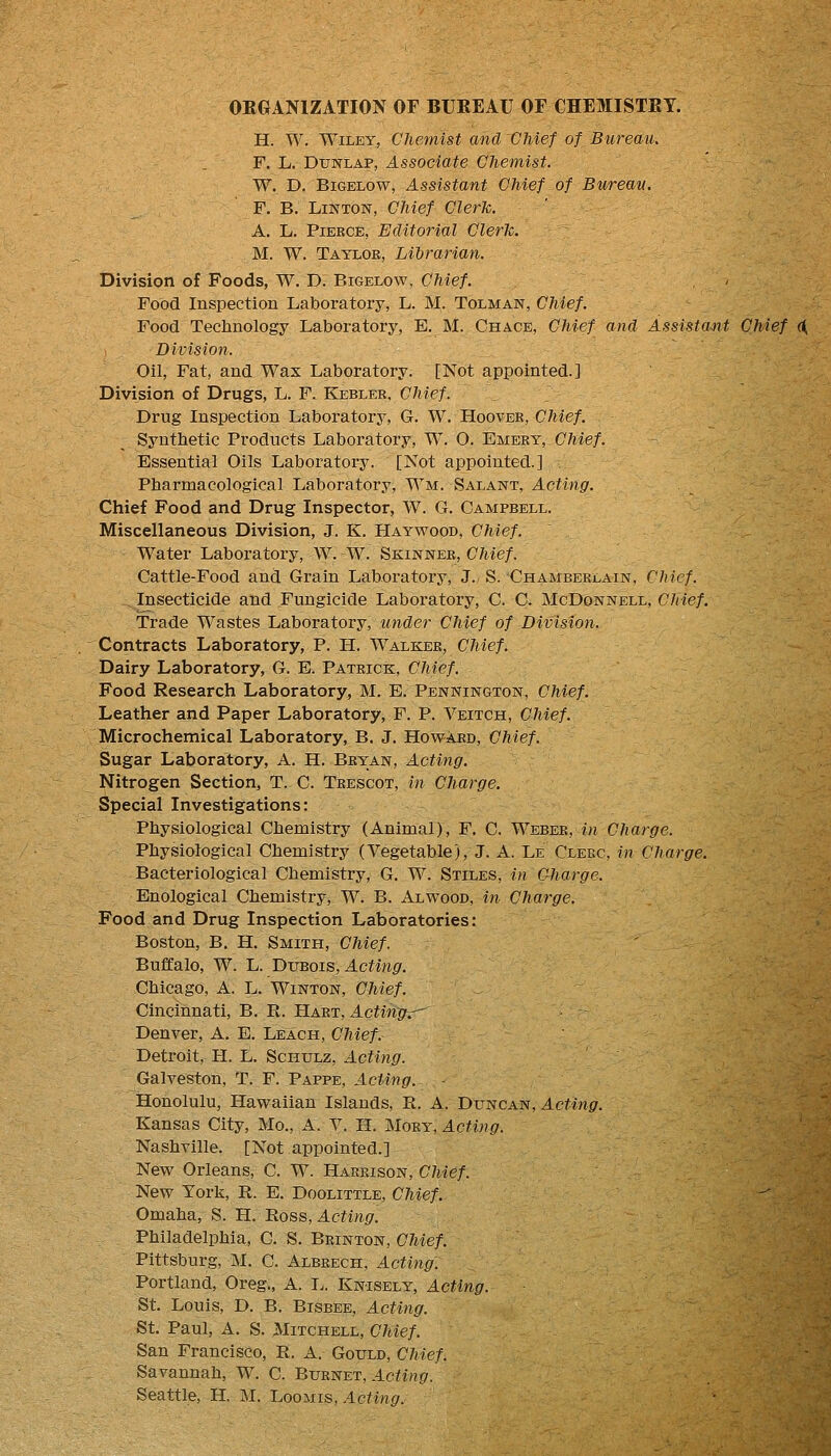 ORGANIZATION OF BUEEAU OF CHEMISTRY. H. W. Wiley, Chemist and Chief of Bureau, F. L. DuPTLAP, Associate Chemist. W. D. BiGELOW, Assistant Chief of Bureau. F. B. LiKTON, Chief Clerk. A. L. Pierce, Editorial Clerk. M. W. Taylor, Liltrarian. Division of Foods, W. D. Bigelow, Chief. - Food Inspection Laboratory, L. M. Tolman, Chief. Food Technology Laboratory, E. M. Chace, Chief and Assistant Chief ({ Division. Oil, Fat, and Wax Laboratory. [Not appointed.] Division of Drugs, L. F. Kebler, Chief. Drug Inspection Laboratory, G. W. Hoover, C/iie/. Synthetic Products Laboratory, W. O. Emery, (77iie/. Essential Oils Laboratory. [Not appointed.] . Pharmacological Laboratory, Wm. Salant, Acting. Chief Food and Drug Inspector, W. G. Campbell. Miscellaneous Division, J. K. Haywood, Chief. Water Laboratory, W. W. Skinner, Chief. Cattle-Food and Grain Laboratory, J. S. Chamberlain, Chief. Insecticide and Fungicide Laboratory, C. C. McDonnell, Chief. Trade Wastes Laboratory, under Chief of Division. Contracts Laboratory, P. H. Walker, Chief. Dairy Laboratory, G. E. Patrick, Chief. Food Research Laboratory, M. E. Pennington, Chief. Leather and Paper Laboratory, F. P. Veitch, Chief. Microchemical Laboratory, B. J. Howard, Chief. Sugar Laboratory, A. H. Bryan, Acting. Nitrogen Section, T. C. Trescot, in Charge. Special Investigations: Physiological Chemistry (Animal), F. C. Weber, in Charge. Physiological Chemistry (Vegetable), J. A. Le Cleec, in Charge. Bacteriological Chemistry, G. W. Stiles, in Charge. Enological Chemistry, W. B. Alwood, in Charge. Food and Drug Inspection Laboratories: Boston, B, H. Smith, Chief. Buffalo, W. L. Dubois, Acting. Chicago, A. L. Winton, Chief. Cincinnati, B. R. Hart, Actinpr^ Denver, A, E. Leach, Chief. Detroit, H. L. Schtjlz, Acting. Galveston, T. F. Pappe, Acting. Honolulu, Hawaiian Islands, R. A. Dzjncan, Acting. Kansas City, Mo., A. V. H. Mory, Acting. Nashville. [Not appointed.] New Orleans, C. W. Harrison, Chief. New York, R. E. Doolittle, Chief. -^ Omaha, S. H. Ross, Ac^ingr. Philadelphia, C. S. Brinton, Chief. Pittsburg, M. C. Albrech, Acting. Portland, Oreg., A. L. Knisely, Acting. St. Louis, D. B. Bisbee, Acting. St. Paul, A. S. Mitchell, Chief. San Francisco, R. A. Gould, Chief. Savannah, W. C. Burnet, Ac/inf/. Seattle, H. M. 'Loomis, Acting.