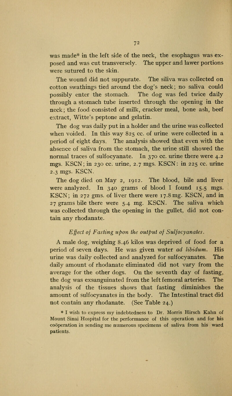 was made* in the left side of the neck, the esophagus was ex- posed and was cut transversely. The upper and lawer portions were sutured to the skin. The wound did not suppurate. The siliva was collected on cotton swathings tied around the dog's neck; no saliva could possibly enter the stomach. The dog was fed twice daily through a stomach tube inserted through the opening in the neck; the food consisted of milk, cracker meal, bone ash, beef extract, Witte's peptone and gelatin. The dog was daily put in a holder and the urine was collected when voided. In this way 825 cc. of urine were collected in a period of eight days. The analysis showed that even with the absence of saliva from the stomach, the urine still showed the normal traces of sulfocyanate. In 370 cc. urine there were 4.2 mgs. KSCN; in 230 cc. urine, 2.7 mgs. KSCN: in 225 cc. urine 2.3 mgs. KSCN. The dog died on May 2, 1912. The blood, bile and liver were analyzed. In 340 grams of blood I found 15.5 mgs. KSCN; in 272 gms. of liver there were 17.8mg. KSCN, and in 27 grams bile there were 5.4 mg. KSCN. The saliva which was collected through the opening in the gullet, did not con- tain any rhodanate. Effect of Fasting upon the output of Sulfocyanates. A male dog, weighing 8.46 kilos was deprived of food for a period of seven days. He was given water ad libidum. His urine was daily collected and analyzed for sulfocyanates. The daily amount of rhodanate eliminated did not vary from the average for the other dogs. On the seventh day of fasting, the dog was exsanguinated from the left femoral arteries. The analysis of the tissues shows that fasting diminishes the amount of sulfocyanates in the body. The Intestinal tract did not contain any rhodanate. (See Table 24.) * I wish to express my indebtedness to Dr. Morris Hirsch Kahn of Mount Sinai Hospital for the performance of this operation and for his cooperation in sending me numerous specimens of saliva from his ward patients.